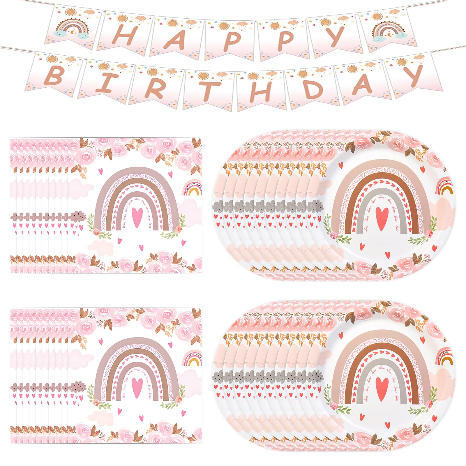 40Pcs Rainbow Party Tableware Set, Pink Paper Plates Tableware, 20Pcs Rainbow Napkins + 20pcs Birthday Party Plates, Disposable Dinnerware Party Supplies for Boys Girls