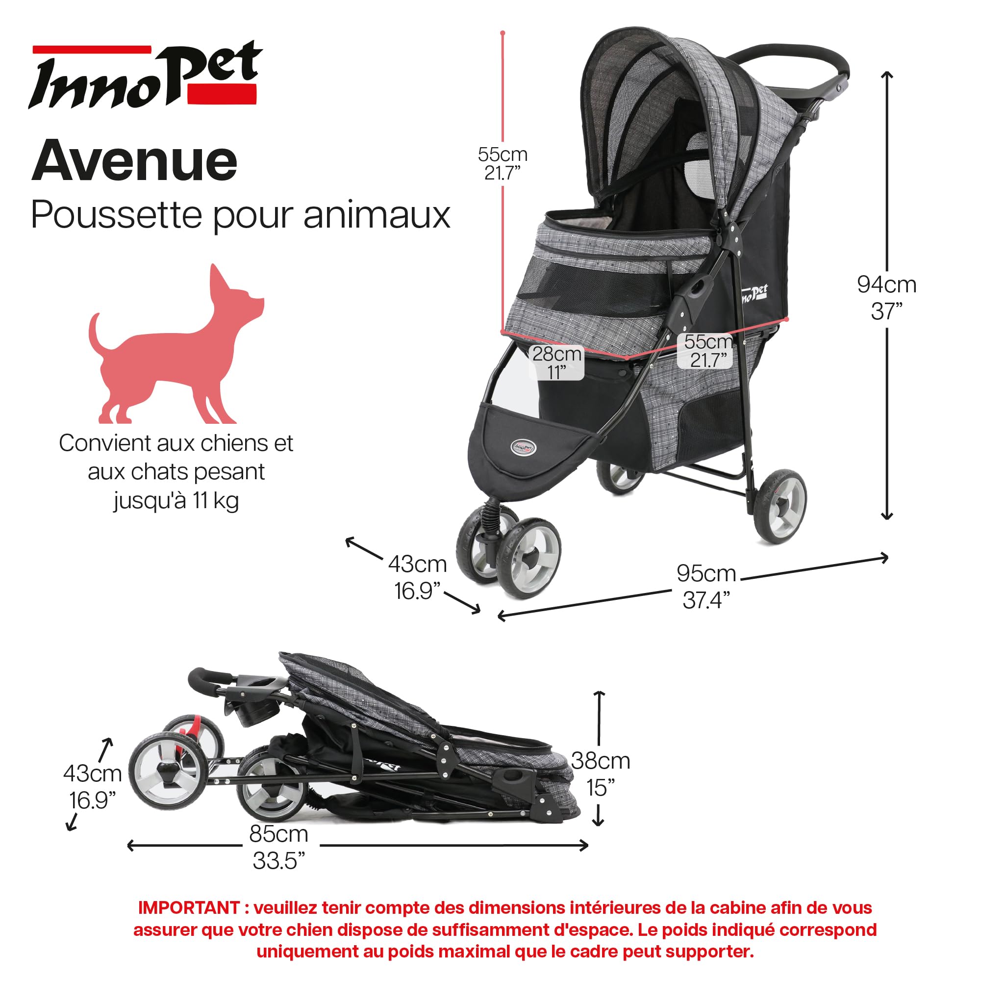 Poussette Innopet Avenue Gris pour chiens et chats - Housse de pluie incluse - Poussette légère pour animaux, poussette pliable à 3 roues avec sangles de sécurité et panier de rangement