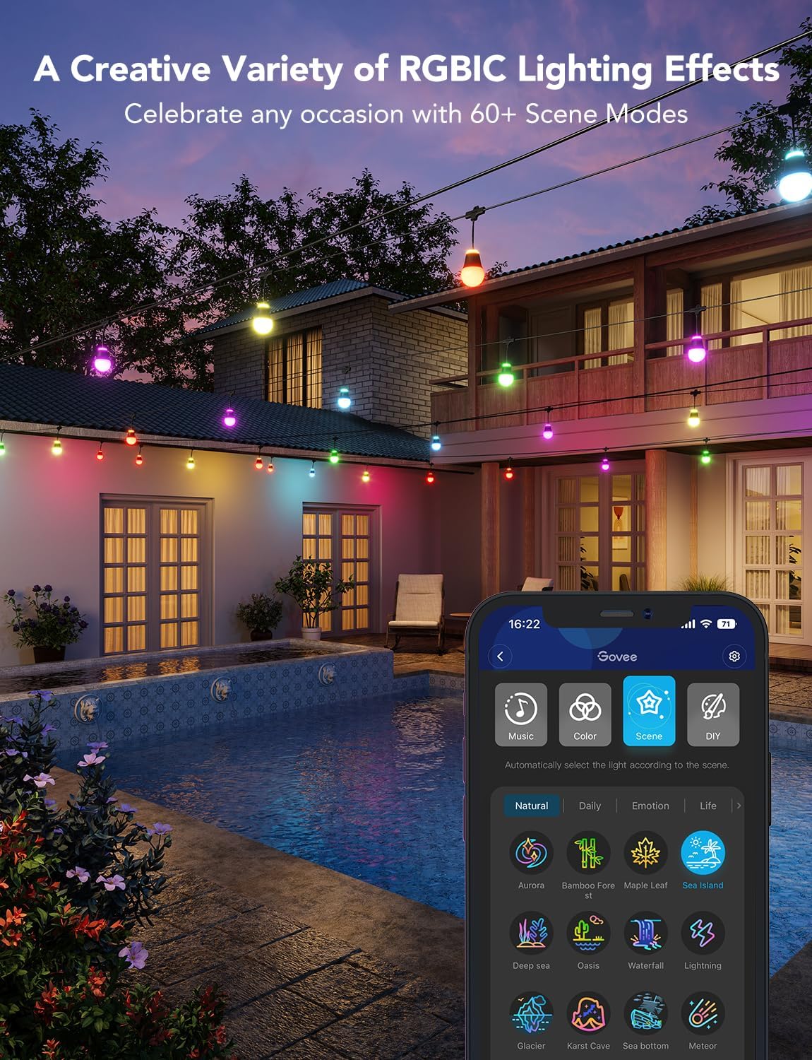 50ft RGBIC Smart Outdoor String Lights with Dimmable LED Bulbs