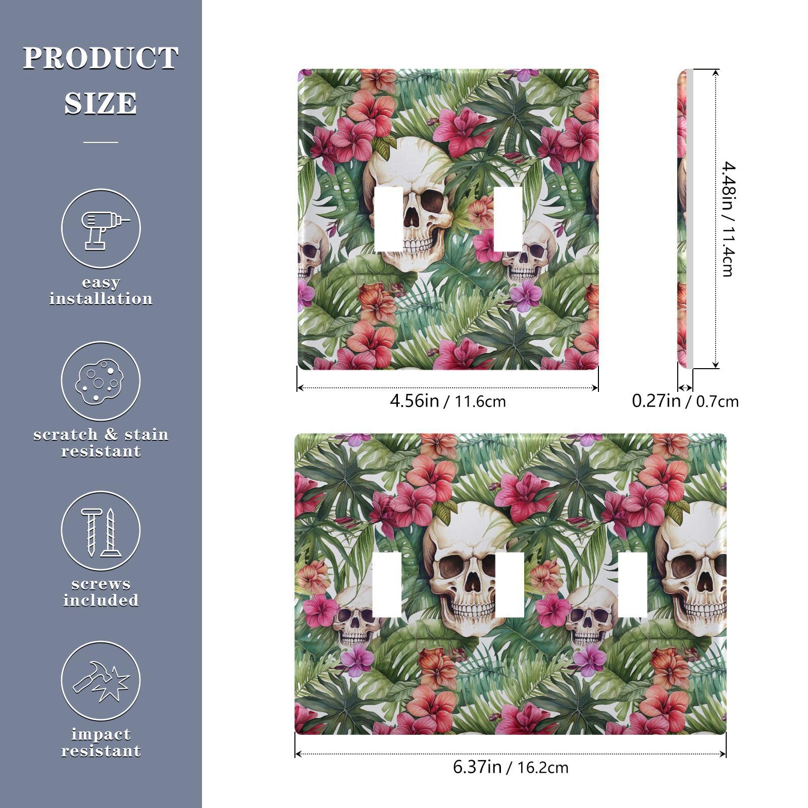 Light Switch Cover Tropical Flower Skull Wall Plates for Electrical Outlets 3 Gang 202b3363