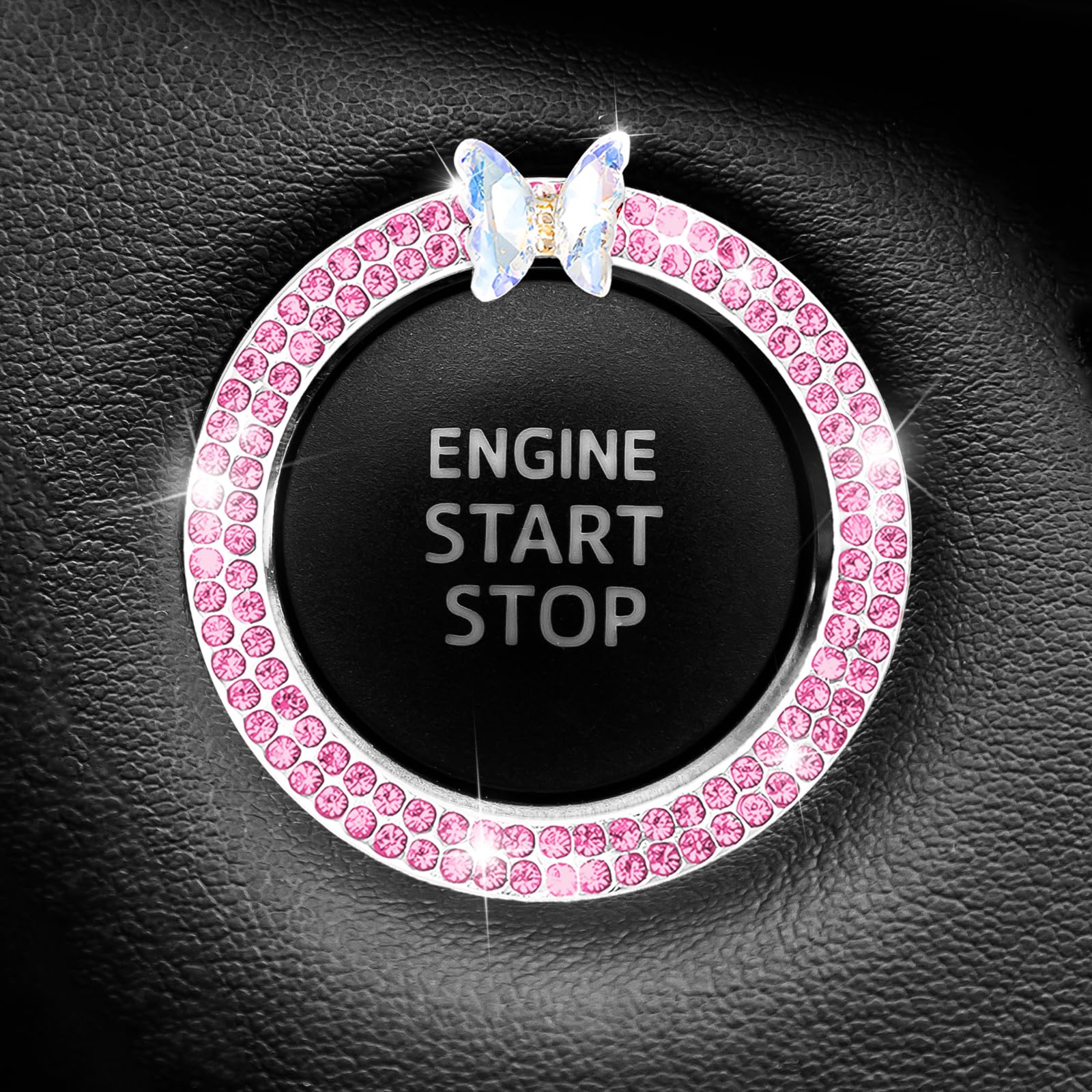 Vagcars Women's Pink Bling Crystal Rhinestone Ring Emblem Sticker,Car Push Start Button Crystal Rhinestone Cover/Sticker For Push To Start Button & Key Ignition Starter, Universal Car Interior Decoration For (Pink)