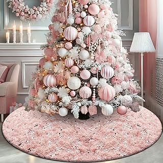 Blush Pink Christmas Tree Skirt, 36 inch Pink Faux Fur Christmas Tree De...
