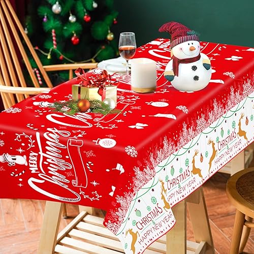 Miniatura 2 de Paquete de 3 manteles de Navidad desechables de plástico, rectangulares, color rojo, árbol de Navidad, muñeco de nieve, copo de nieve, decoración de