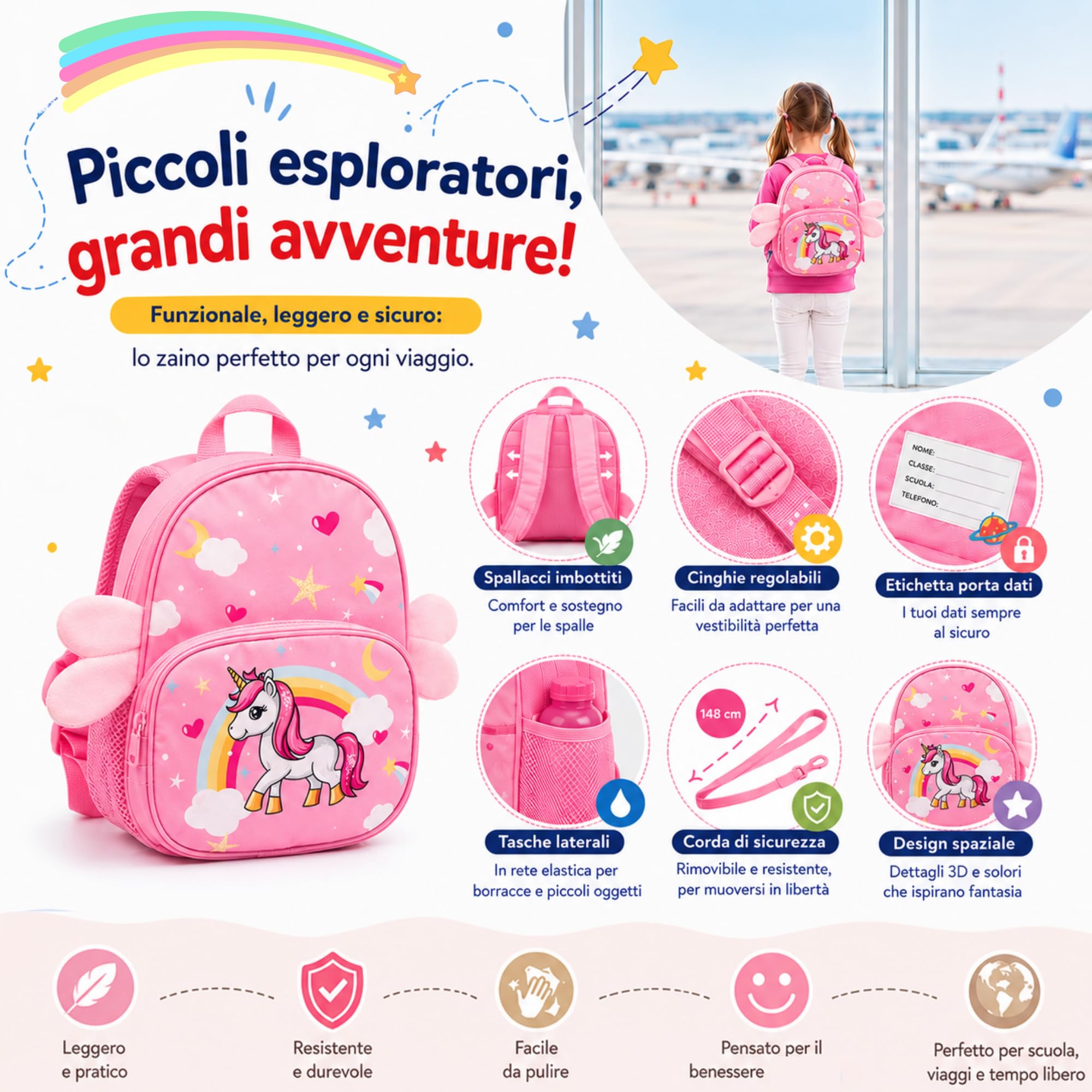 Valigia Cavalcabile per Bambini 2 in 1 con Zainetto Bagaglio a Mano Rigido 47x26x36 cm Trolley Ruote Spinner 360 Asta Telescopica Cinghia Traino Fantasia Unicorno