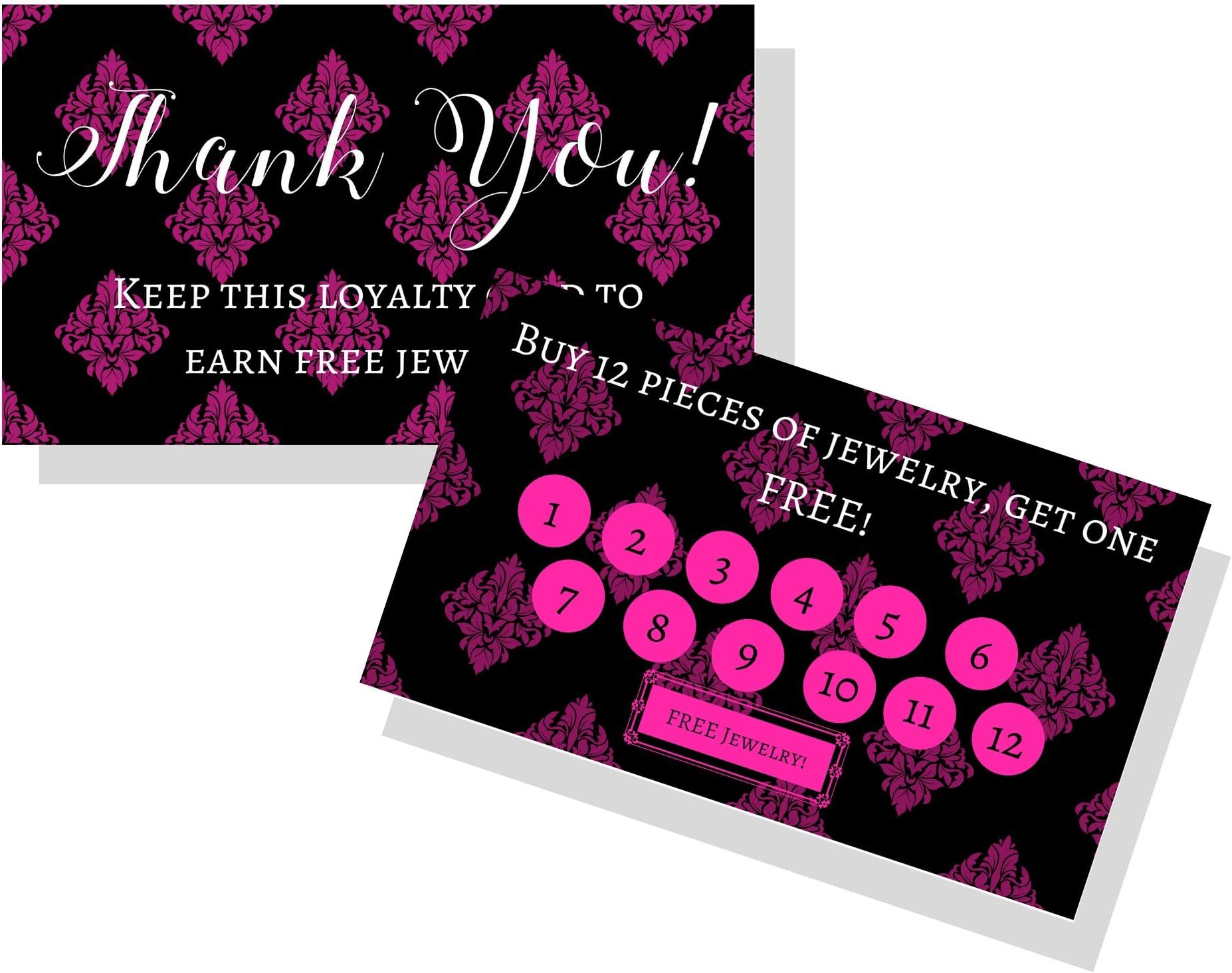 Jewelry Loyalty Cards | 50 Pk of Cards| Thank You Notes Black and Pink Fleur | 5 Bling Buy 12 Get One Piece of Jewelry Free