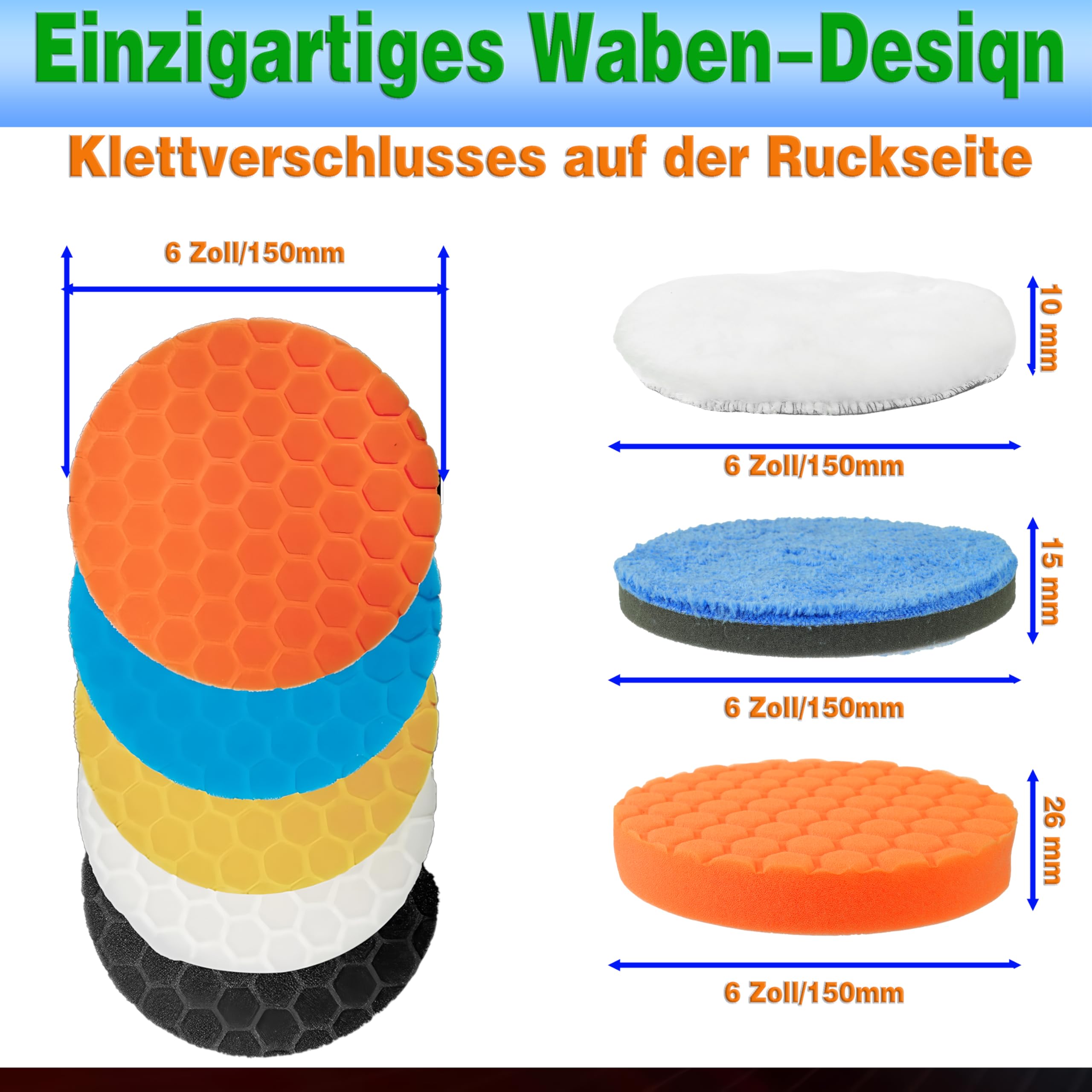 Éponge de Polissage 7 Pièces 150 mm Tampon de Polissage | Ensemble de Mousse de Polissage, Polyvalent, Pour Ponceuse de Polisseuse Excentrique