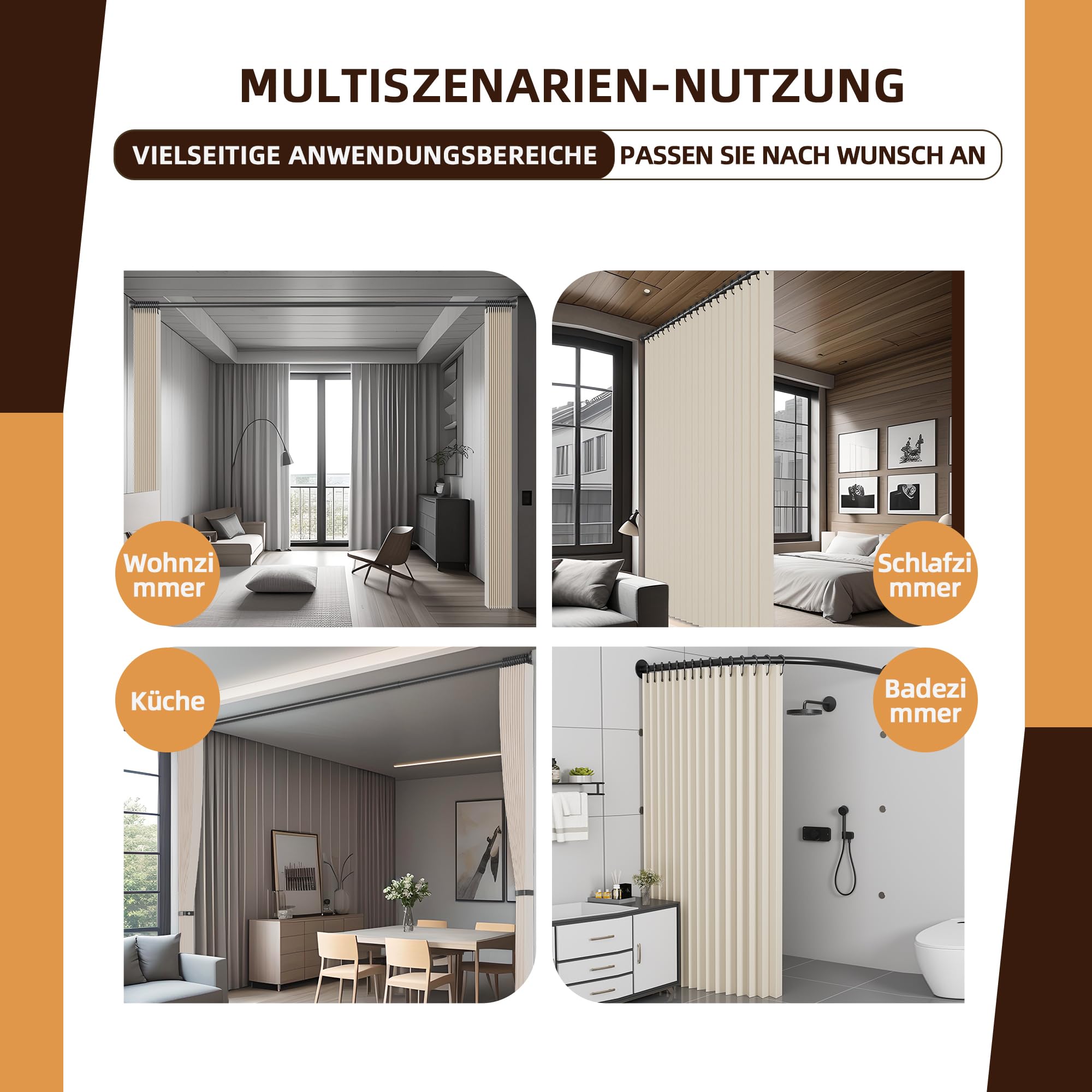 Raumteiler Vorhang Extra Breit – Trennvorhang Faltbar mit 3D Akkordeon-Design, Sichtschutz für Schlafzimmer & Büro, Raumtrenner inkl. Metallhaken & Leder-Strap (Beige, H240 x B254 cm)
