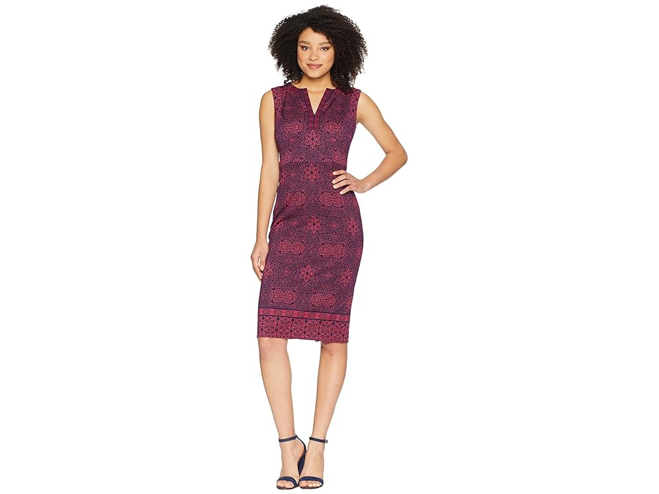 

Maggy London Indonesian Star Printed Scuba Split-Neck Sheath (Primrose/Navy) Women's Dress, Red
