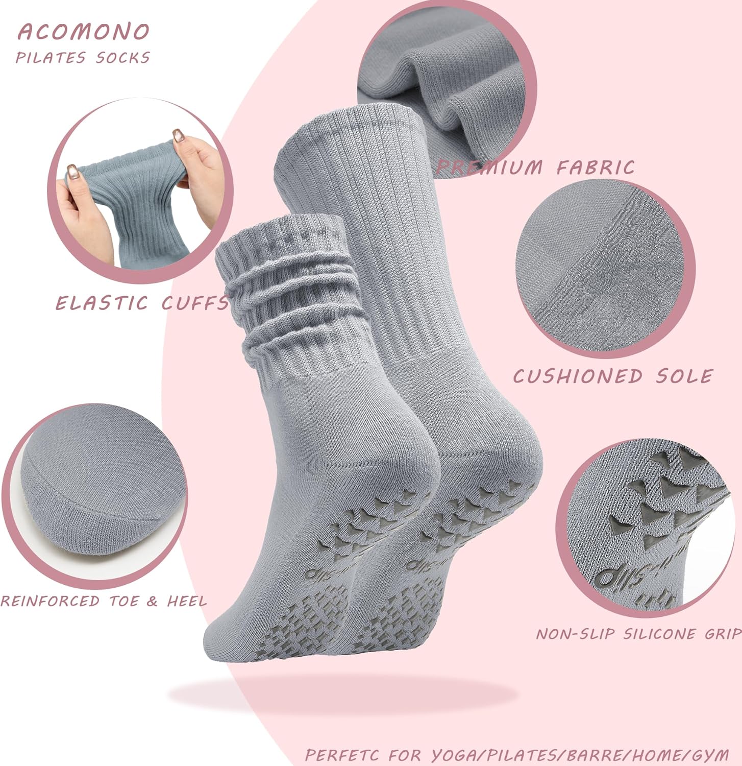 Women’s Pilates Socks with Grips – 3 Pairs Scrunch Crew Non-Slip Yoga Barre Workout Hospital Slipper Slouch Socks - Image 4
