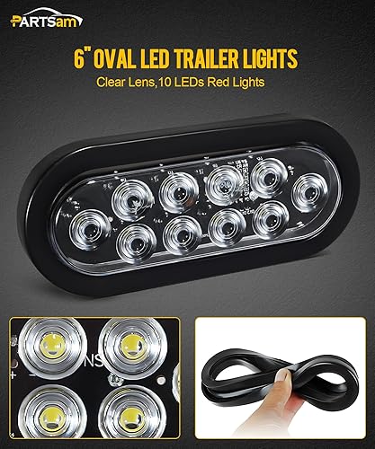 Miniatura 9 de Partsam 2 luces traseras LED ovaladas rojas de 6 pulgadas para remolque, 10 diodos, lente transparente, parada, freno, luces de giro, ojales y Lente