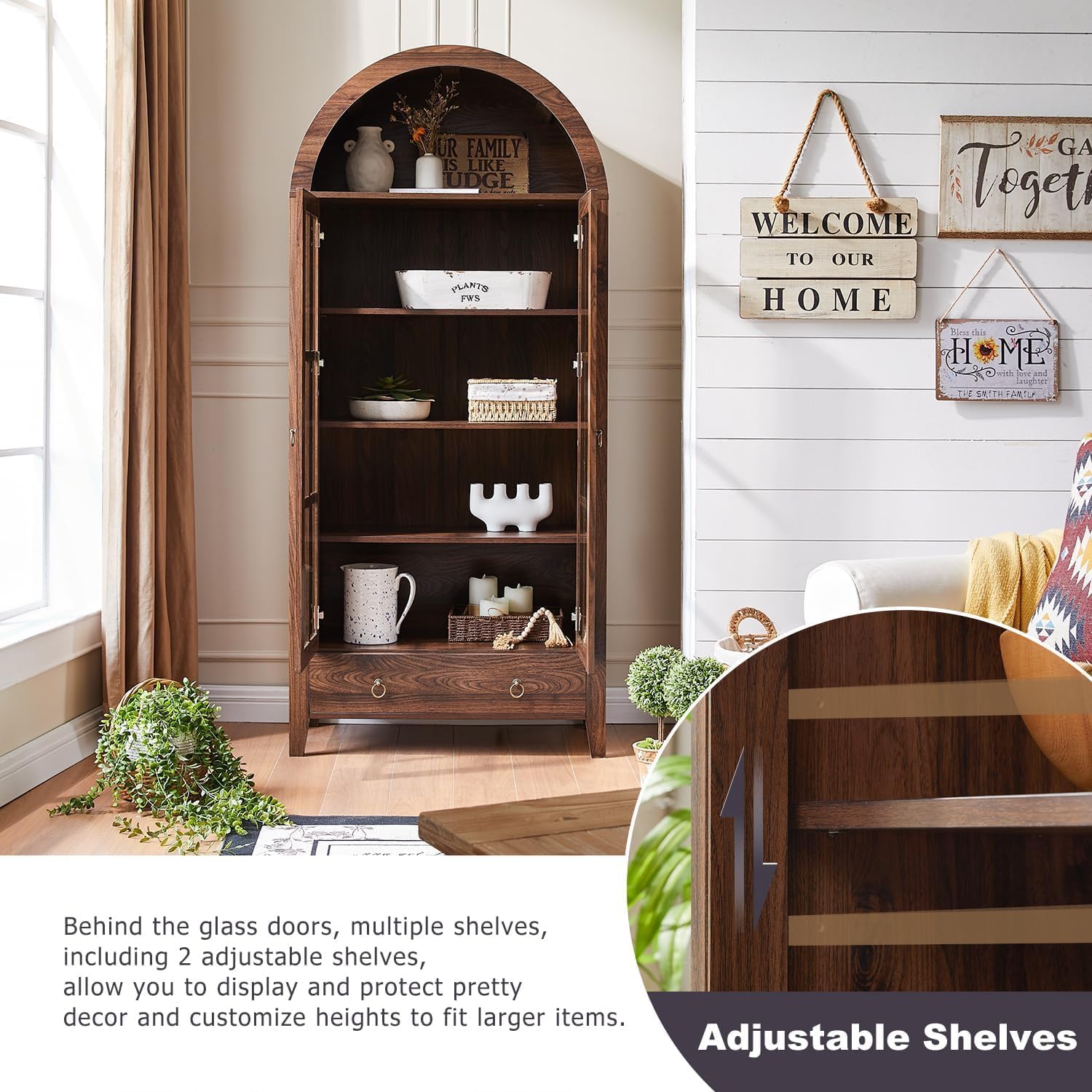 70" Tall Arched Cabinet, Modern Farmhouse Wooden Display Cabinet with Glass Doors, 6 Tier Bookshelf w/Adjustable Shelves for Living Room, Office, Walnut