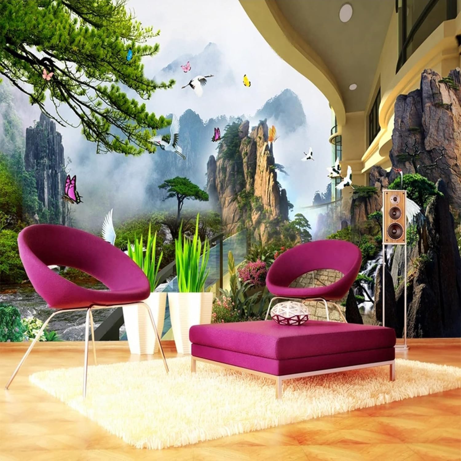 Papier peint 3D pour agrandir un petit salon avec décor montagnes en soie gaufrée