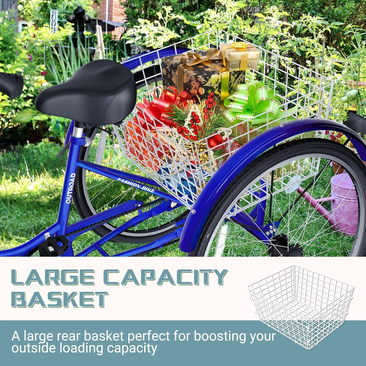 7 Speed Adult Tricycle, 24 inch Cruiser Trike with Large Basket for Women Men Seniors, 3 Wheel Bike for Outdoor, Shopping, Recreation, Picnic (Blue)