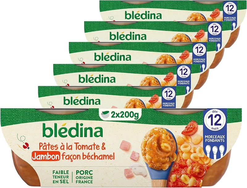 Blédina - Bols - Repas midi bébé - Pâtes à la Tomate & au Jambon façon béchamel - Dès 12 mois - Sans sel ajouté - 12x200g