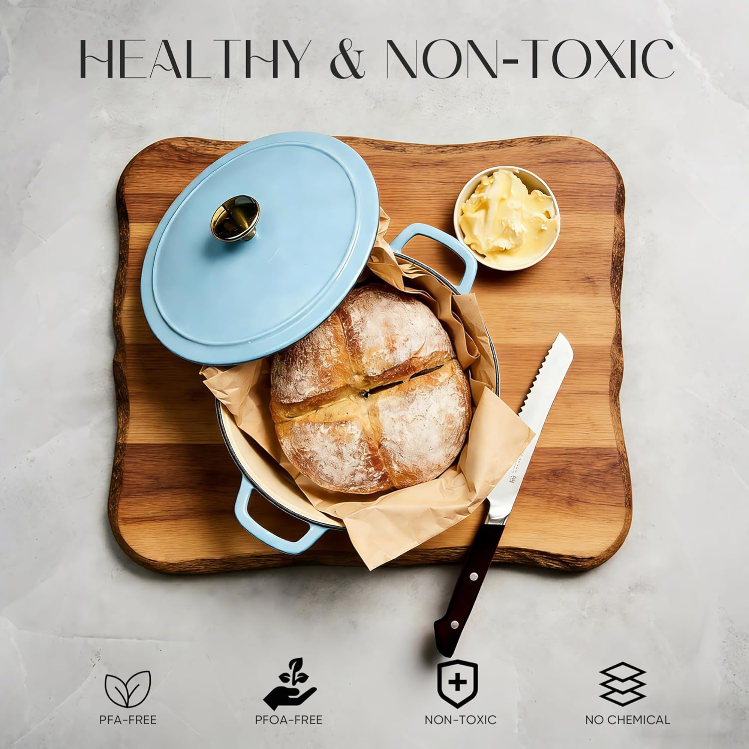 CAROTE 5QT Enameled Cast Iron Dutch Oven Pot with Lid, Heavy-Duty Dutch Ovens for Sourdough Bread Baking, Braising, Roasting, Dual Handles, Healthy & Non-Toxic, All Stovetop Compatible, Oven Safe up to 500° F, Macaron Blue - Image 5