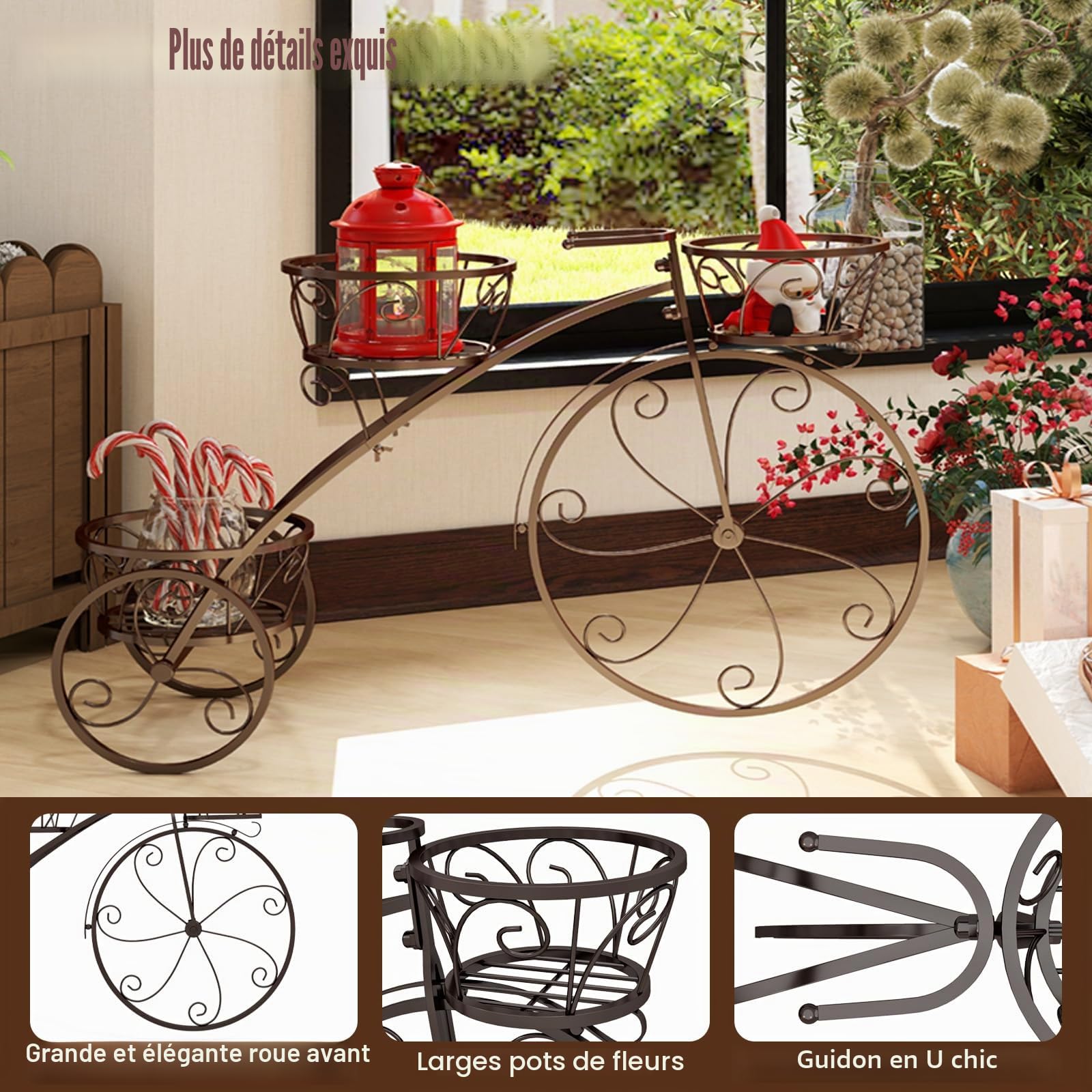 HOMASIS Support de Fleurs en Forme de Vélo, Échelle de Plantes en Métal avec 3 Niveaux, Jardinière pour Plantes, Style Vintage pour Jardin, Balcon, Bureau, Étagèrer, 85 x 25 x 50 cm, Bronze