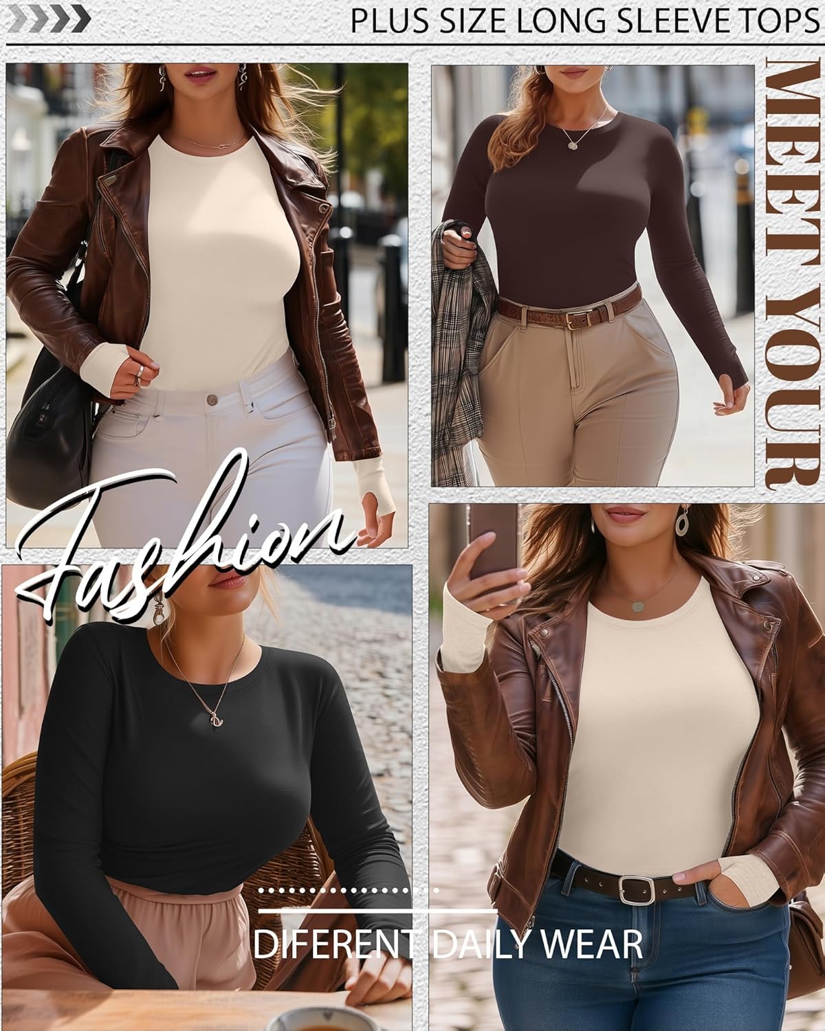 3 Pack Women's Plus Size Long Sleeve Shirts Crew Neck Slim Fitted Tops Casual Basic T-shirts with Thumb Holes - Image 2