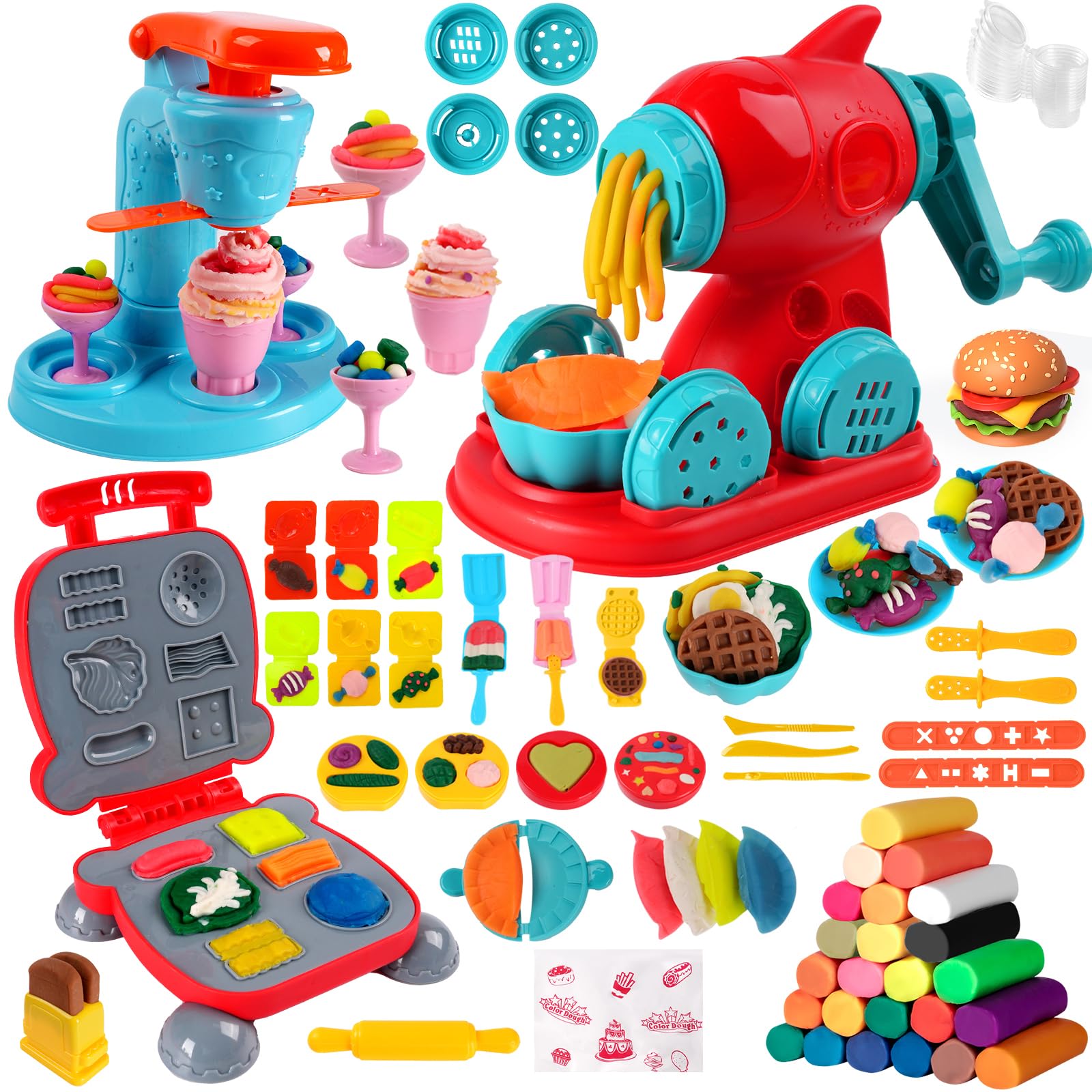 Photo 1 of 3-in-1 Color Dough Kitchen Creations Set for Kids Aged 3-8, 24 Colors Dough Playset with Ice Cream/Noodle/Hamburger Makers, Food Modeling Art Crafts Pretend Play Toys for Boys Girls