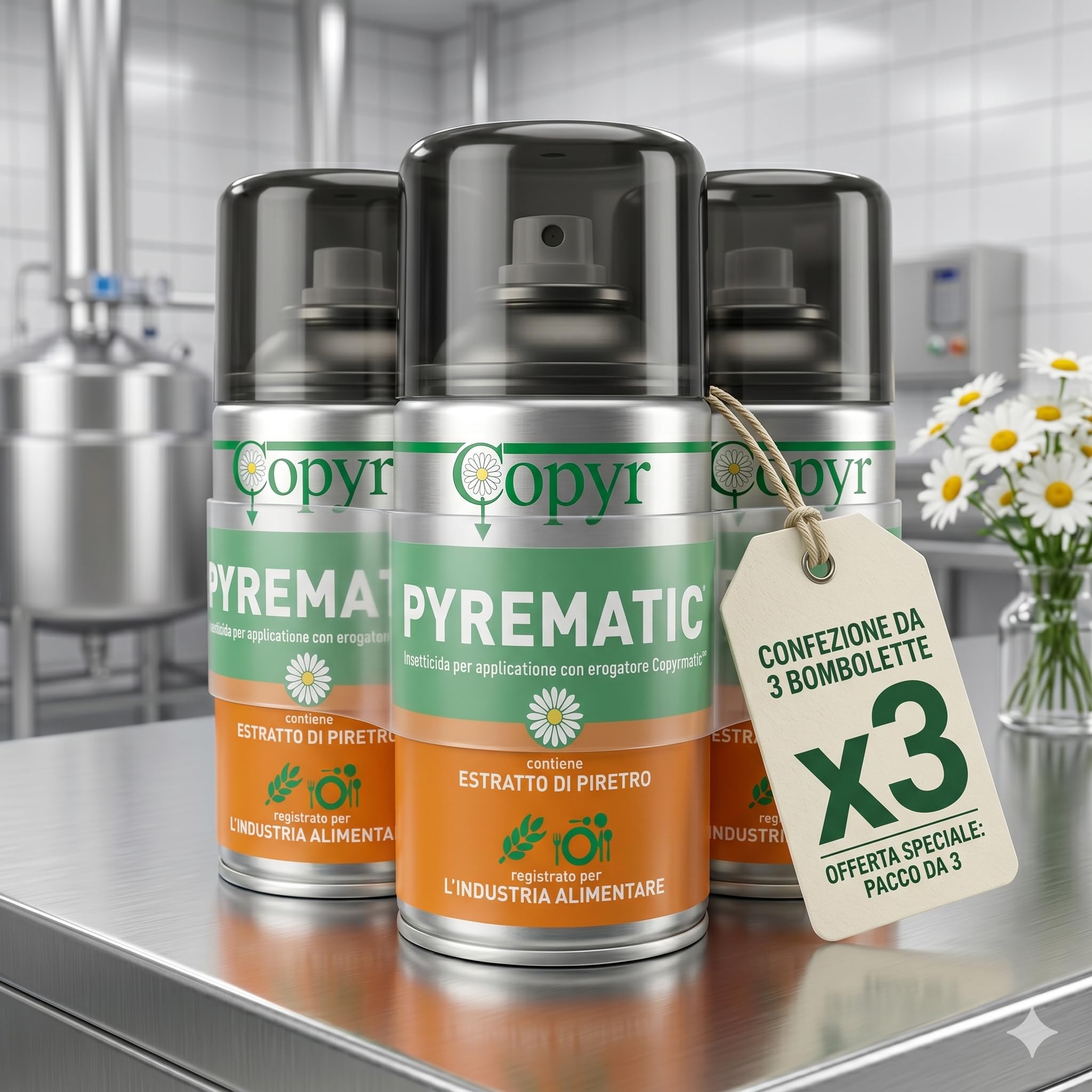 Copyr Pyrematic Insetticida Spray con Estratto di Piretro, 3 Pezzi | Naturale, Per Erogatore Automatico, Uso Professionale e Domestico