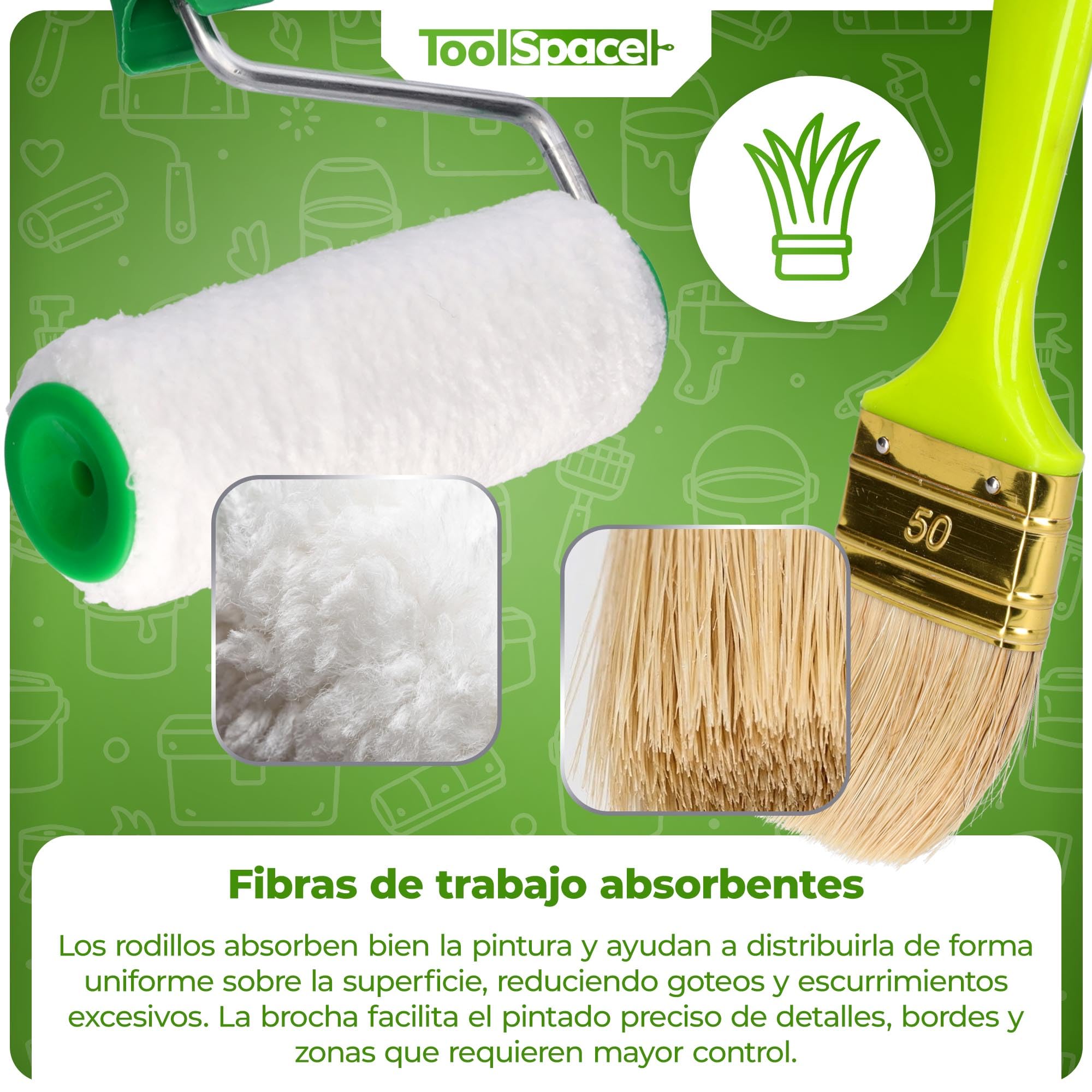 ToolSpace set de pintor 9 piezas rodillo de pintura para pintar techos paredes - rodillo y mango rodillo de recorte brocha bandeja de pintura
