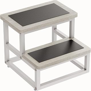 Step Stools, Heavy Duty Stepping Stool for Kids Adults, Non-Slip Metal and Wooden 2 Steps Foot Stool for High Beds and Kitchen, Round Corner, 500 Lbs Capacity, White Oak