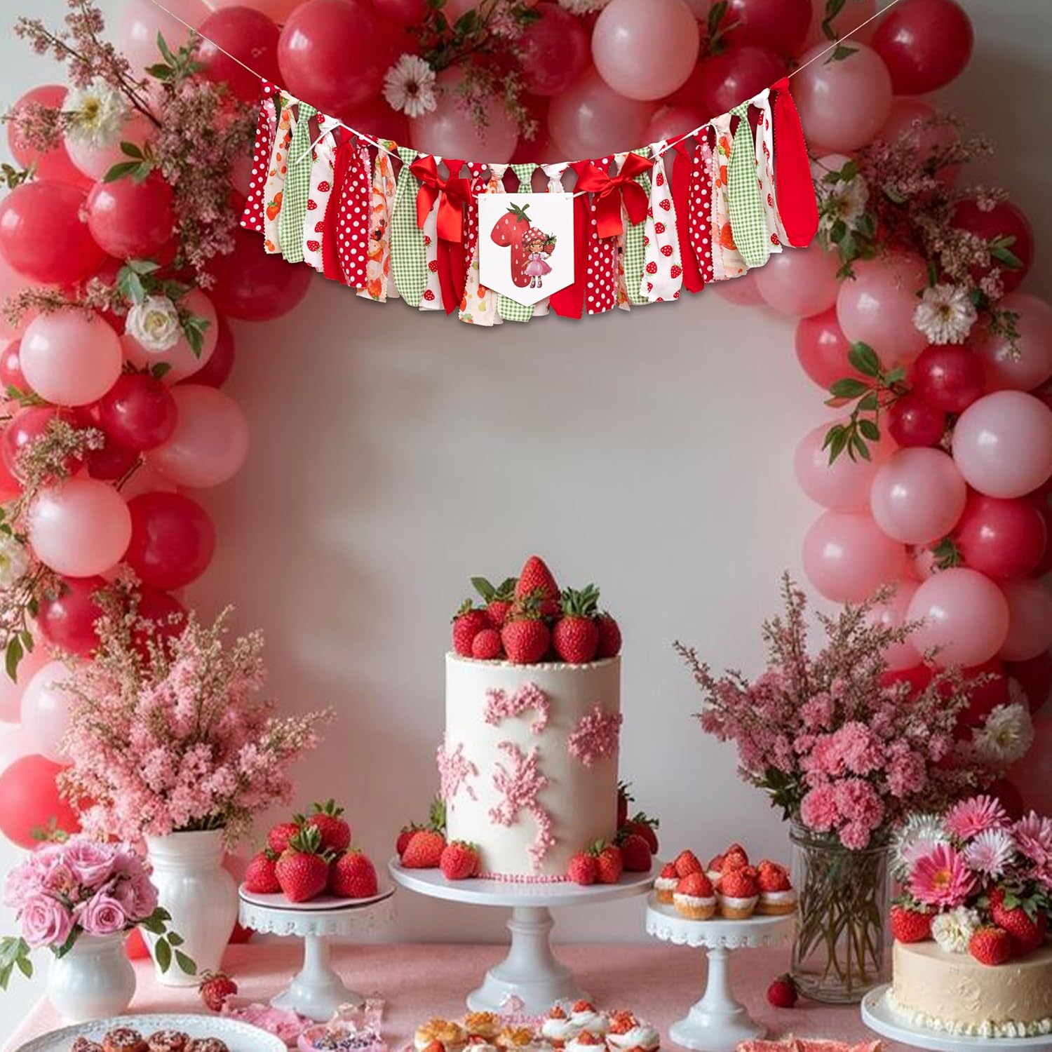 Strawberry One High Chair Banner - Strawberry 1st Birthday Party Decoration, Sweet Berry First Birthday Party Supplies, Berry Sign Anniversary Photo Background Props (red) - Image 4