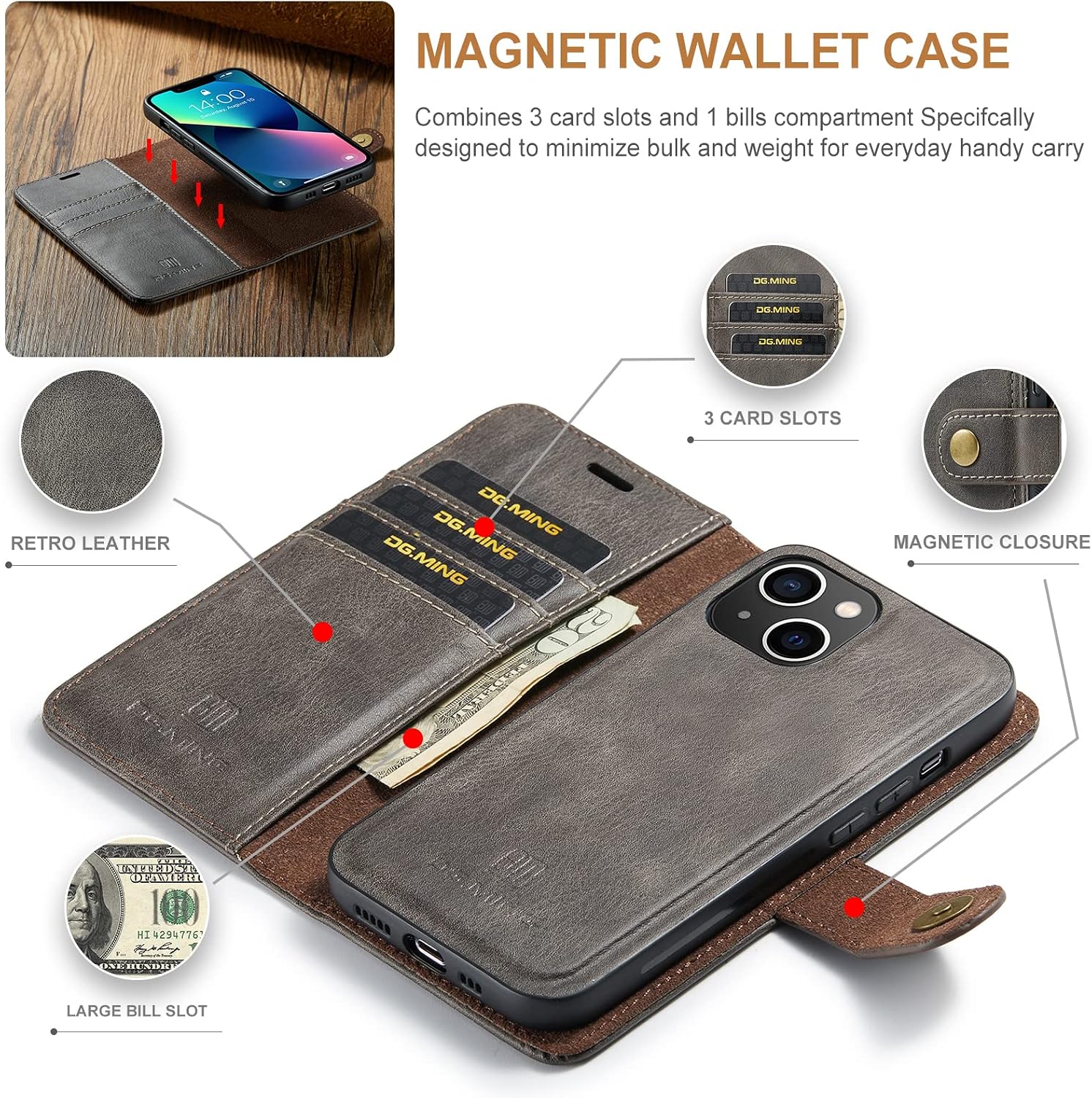 Detachable 2 in 1 Split Magnetic Flip Folio Wallet Case Compatible with iPhone 13 Genuine Leather Phone Case with 3 Card Holder Slots Kickstand Shockproof Cover(Grey)