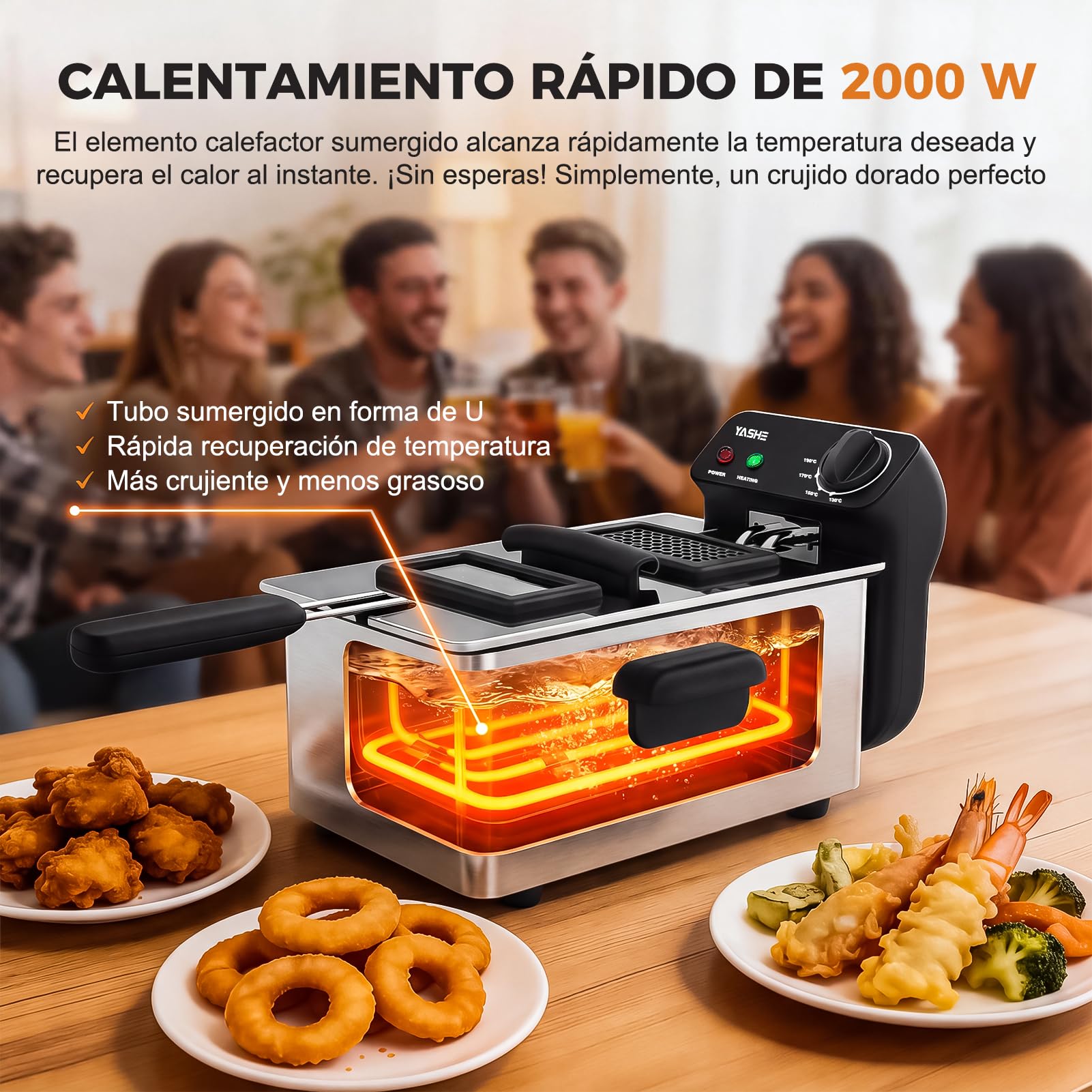 Freidora eléctrica de 3,2 L con ventana de visualización, freidora de acero inoxidable de 1500 W con control de temperatura, cesta extraíble y depósito de aceite, fácil de limpiar