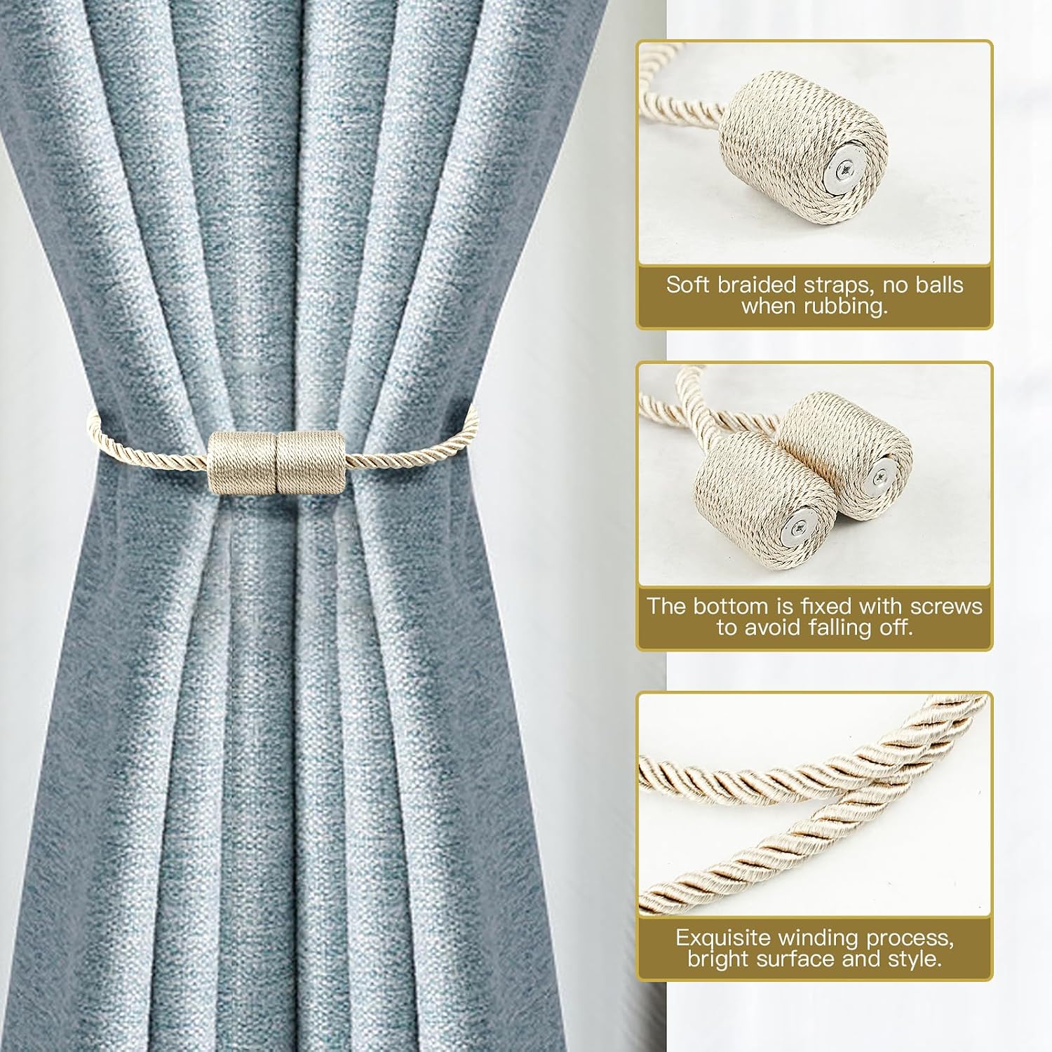 Curtain Tiebacks Magnetic Buckle Rustic Window Tie Backs for Bedroom Living Room Decor (Beige, 4), ML_WD-w1 image 3