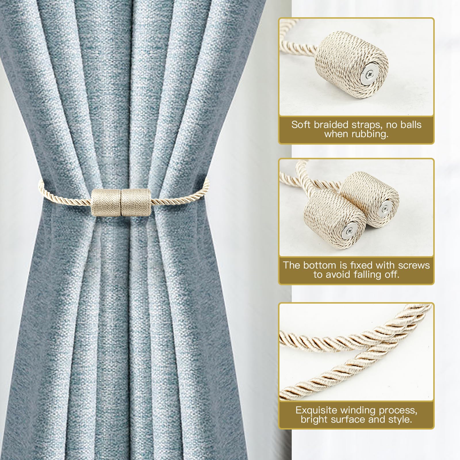 2 Pack Strong Magnetic Curtain Tiebacks with Thicker Twist Rope Decorative Tie Backs Holdbacks for Drapes Window Curtain, Beige - Image 2