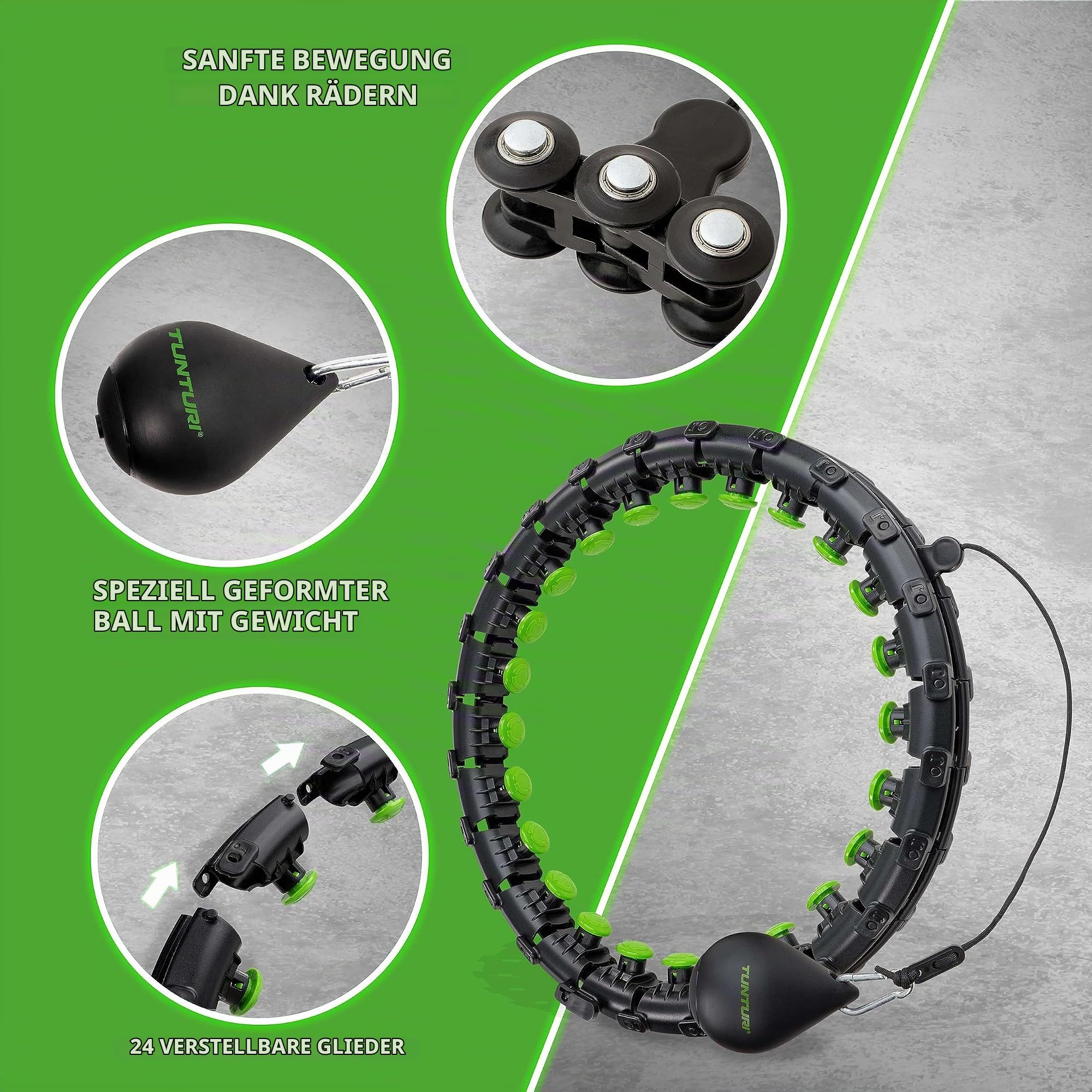 Tunturi Hula Hoop, Hula Hoop Reifen Erwachsen & Anfänger, Einstellbare Hoola Hoop Reifen für Gewichtsverlust und Fitness, Grün,Schwarz