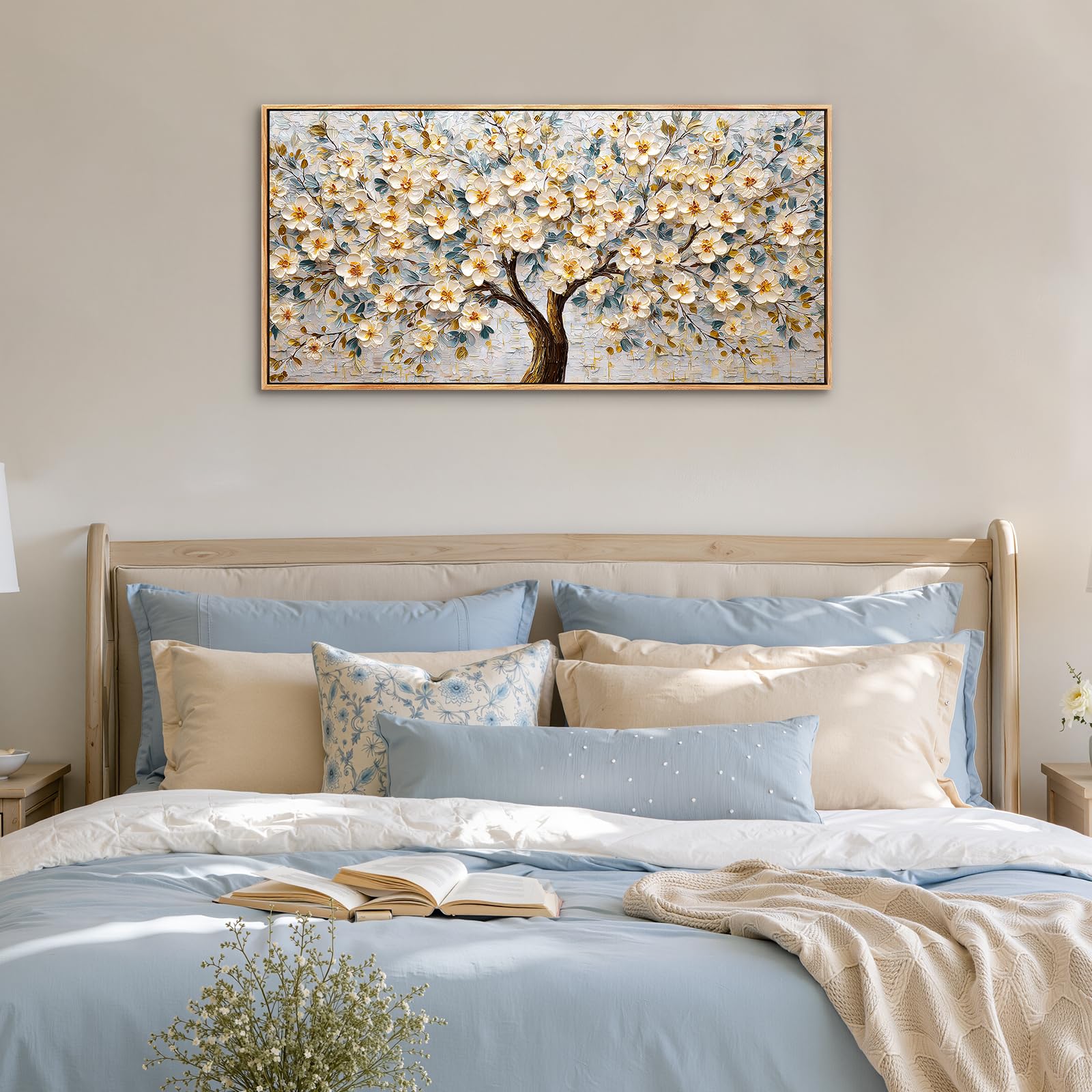 SERIMINO Quadro Moderno Albero Della Vita Fiori con Cornice 50x100 cm | Fiori Bianchi Oro, Stampa HD, Tela Pregiata, Telaio Legno Massello, Install Facile, Regalo Decorativo