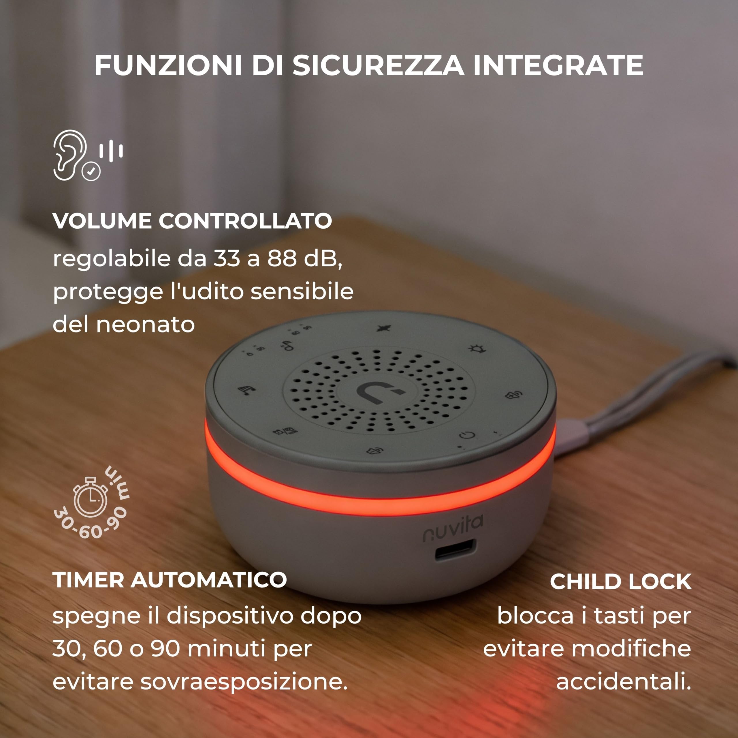Nuvita 6620 Easy Dream Macchina Rumore Bianco e Luce Notturna – 30 Suoni Hi-Fi, 5 Colori Luce, Ricaricabile, Timer, Fino a 35h di Autonomia