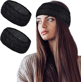 Styla Hair Ear Muffs Winter Women Knit Headbands Warm Soft Thick Fleece Lined Ear Warmers for Women Headband 2 Pack Value Winter Headbands for Women for Cold Weather - Black