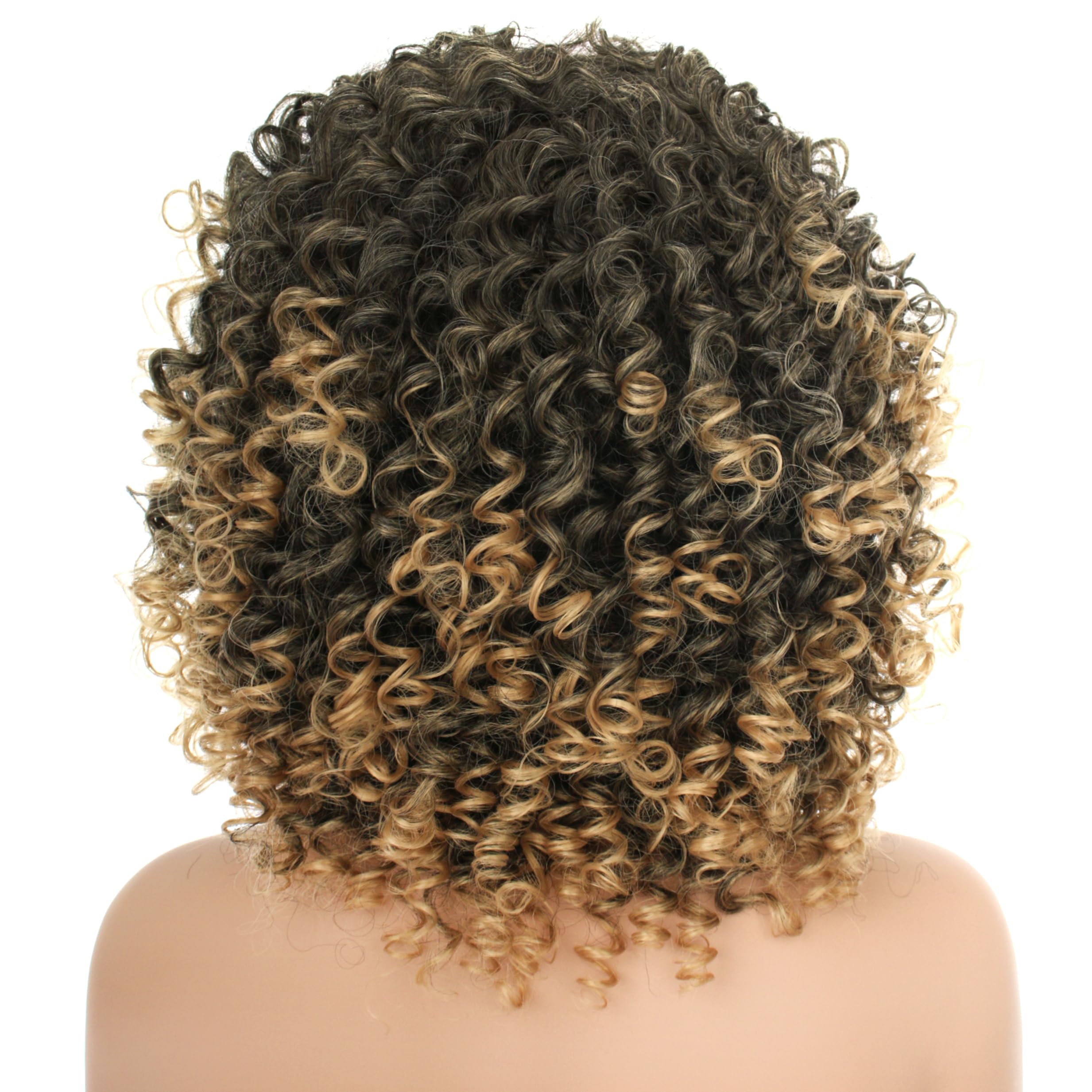 PORSMEER Parrucca afro riccia Ombre biondo capelli sintetici naturali con frangia per le donne lunghezza delle spalle Afro Kinky Curly Bob Wig Volume per donne nere,14 pollici nero mix biondo