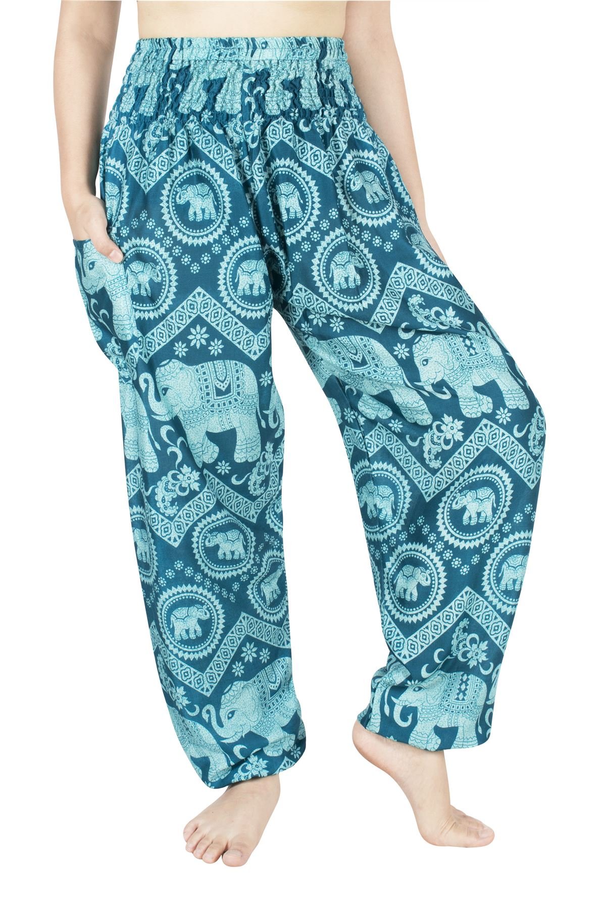 LOFBAZ Harem Pants for Women Elephant Yoga Boho Hippie Maternity PJ Clothing, Elephant 5 Teal Green, L