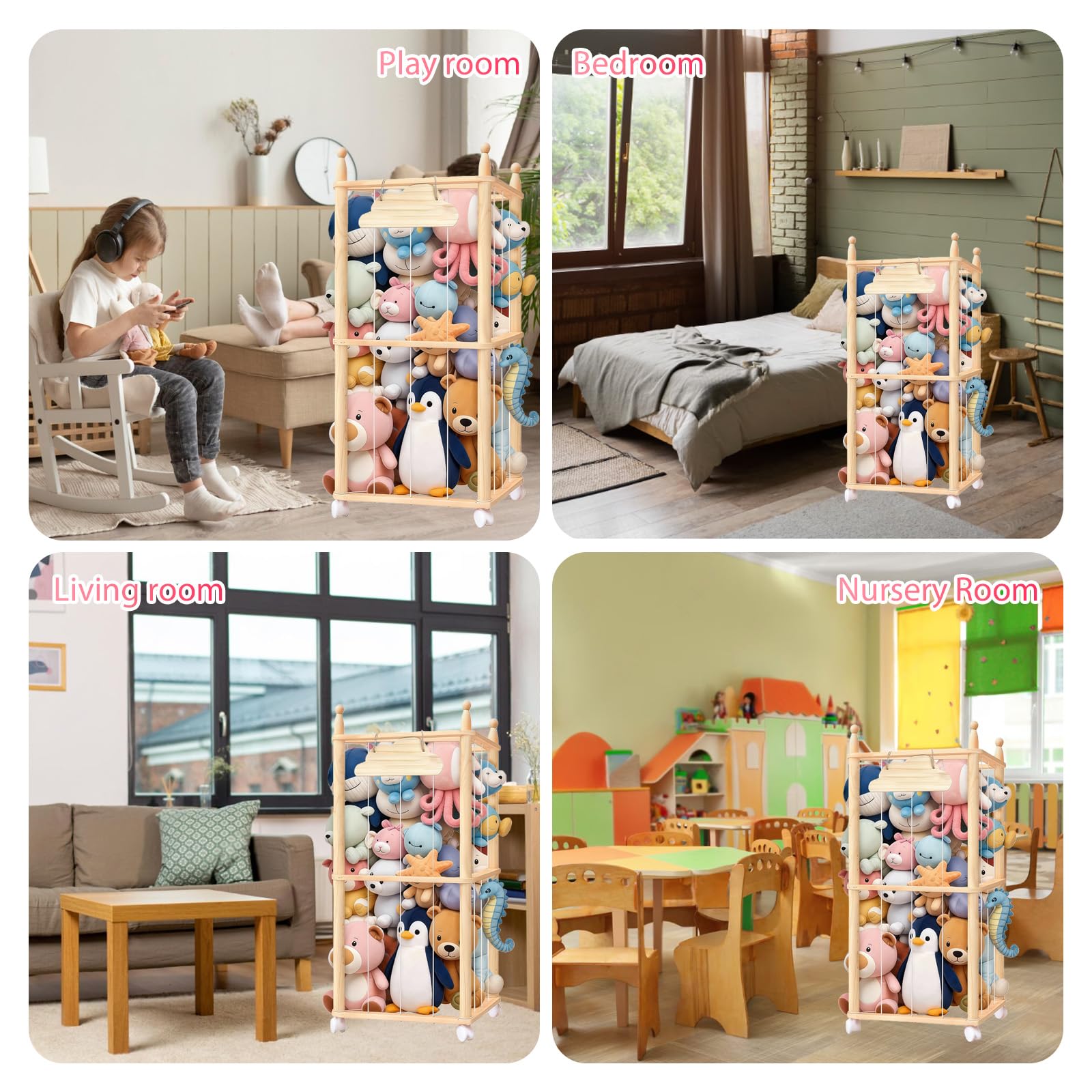 Rangement en Bois pour Peluches, avec roulettes à 360 °, Rangement pour Peluches, pour Salle de Jeux, Chambre à Coucher, Chambre d'enfant
