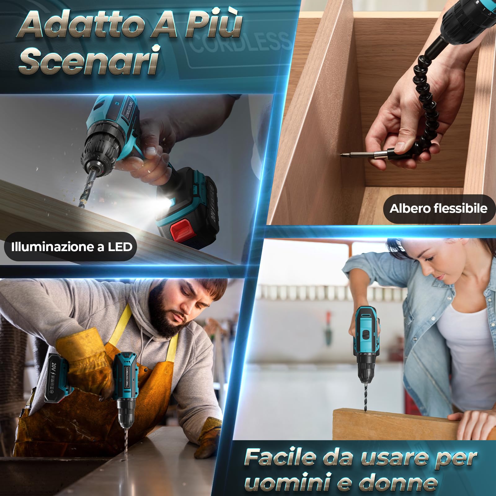Trapano Avvitatore Batteria con 2 Batterie, 20V Avvitatore a Batteria Max 42Nm, 2 Velocità Trapano a Batterie LED, Compatibile con Batterie Makita, 25+1 Coppia, 10mm Mandrino, per Riparazioni e DIY