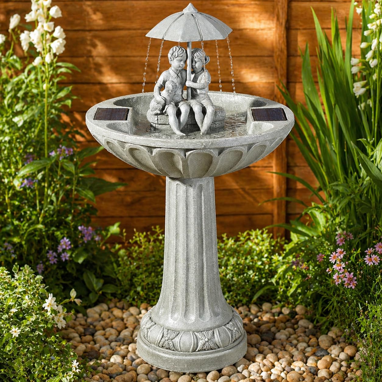 Festive Lights - 82cm Grey Umbrella Solar Water Fountain with Bird Bath - Weathered Stone Effect, Outdoor Garden Feature, IP44 Rated, Decorative Figurines & Dog Statue, Wildlife Friendly, Freestanding
