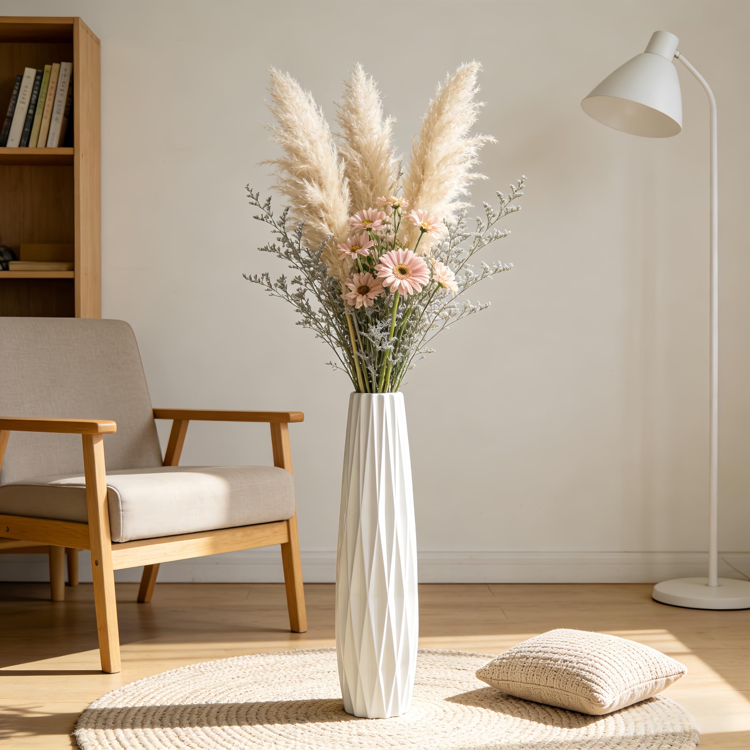 Weiße Keramikvase Bodenvase 24 Zoll/60 cm hoch Boden Blumenvase Halter dekorative große Vasen für Tisch Tafelaufsätze Regal Home Decor Wohnzimmer getrocknete Blumen Arrangement einfache Vase