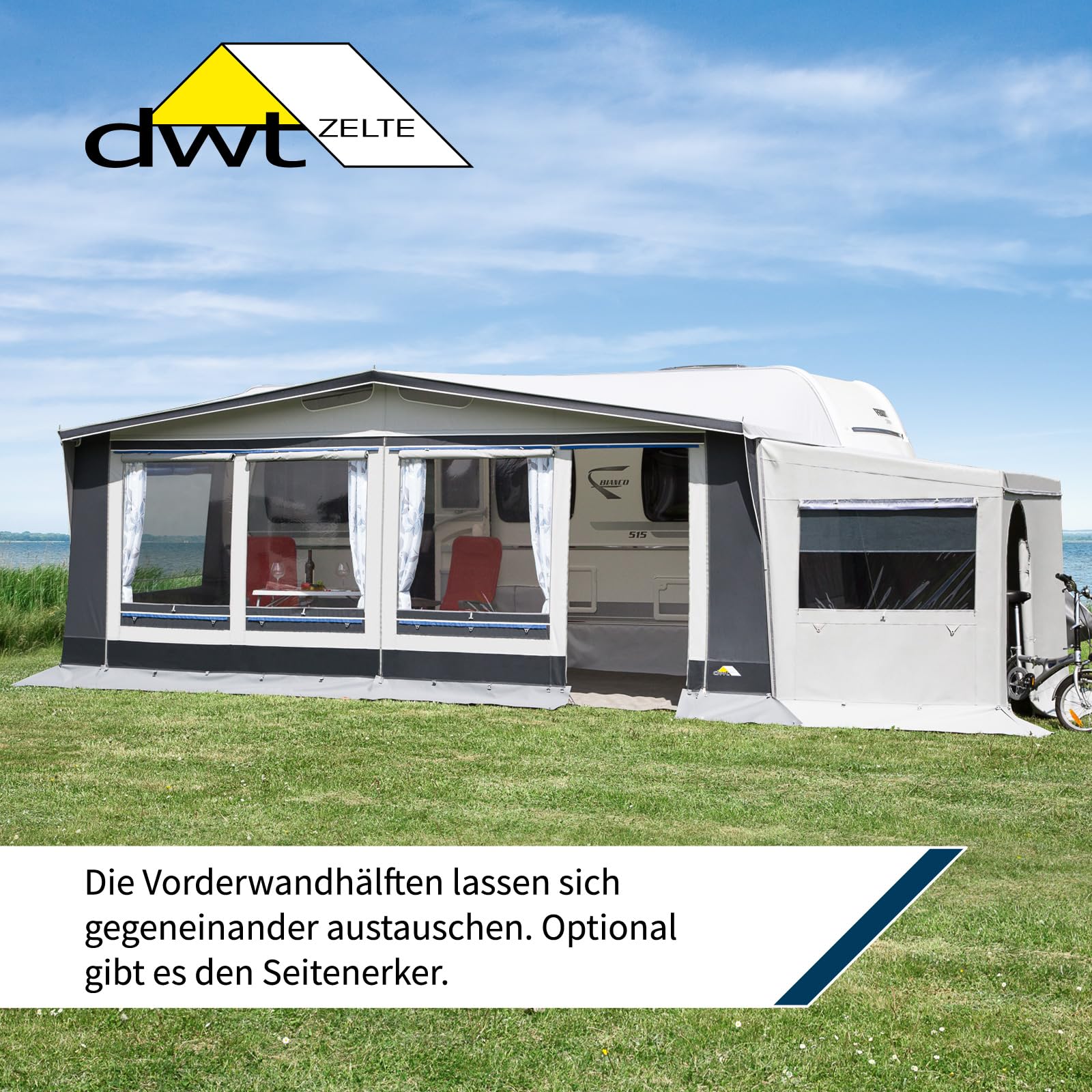 DWT Wohnwagen Vorzelt Easy Polo 300 cm tief, Ganzzelt für Wohnwagen, wetterfestes Polyestergewebe, UV-Schutz, mit 2-teiliger Vorderwand