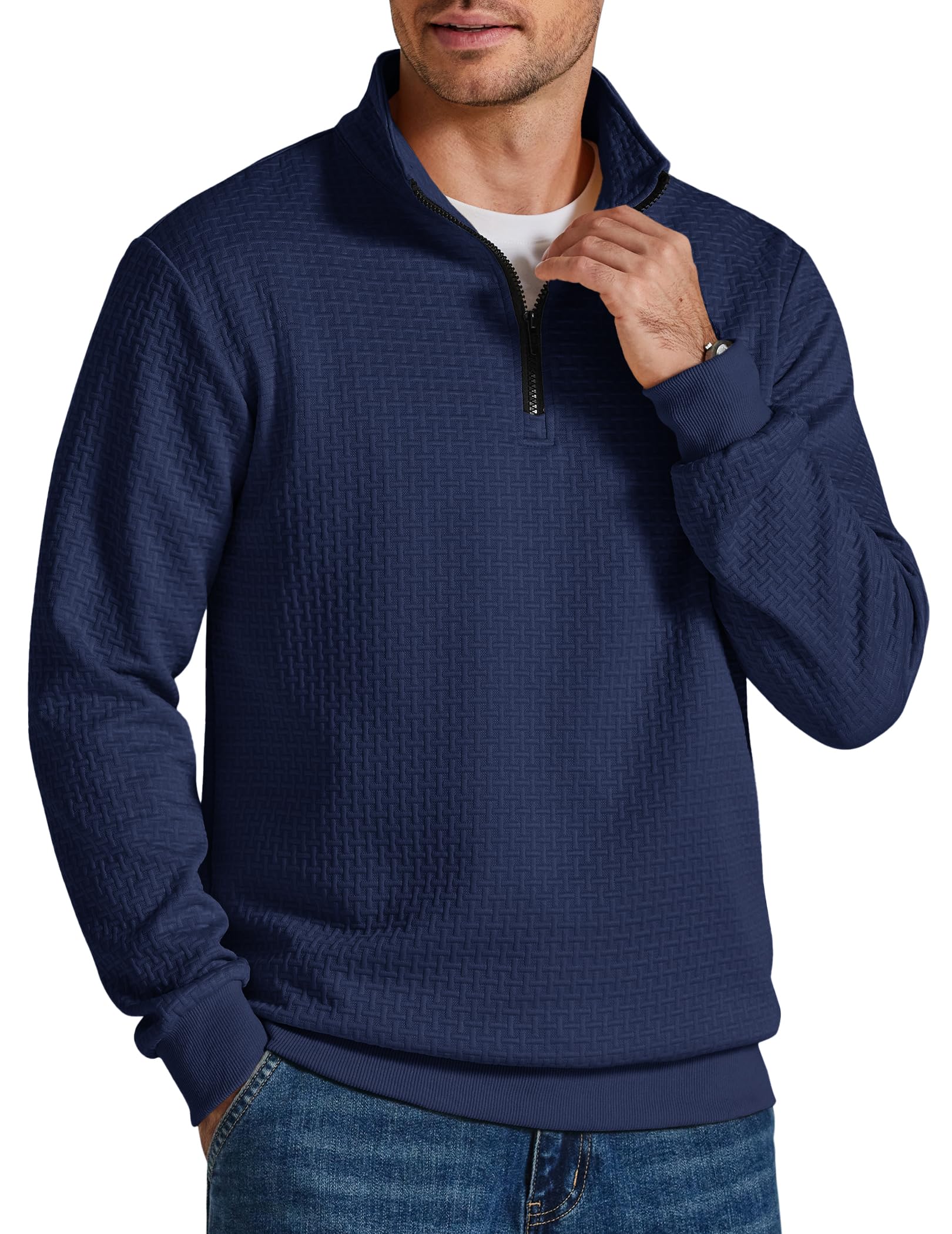 COOFANDY Mens Quarter Zip Pullover 2026 Fashion Texture 1/4 Zip Sweatshirt | Unique Grid Pattern, Mock Neck, Contrast Zipper, Wrinkle-Free, Anti-pilling, Lightweight, Relaxed Fit, Fall Winter Gift