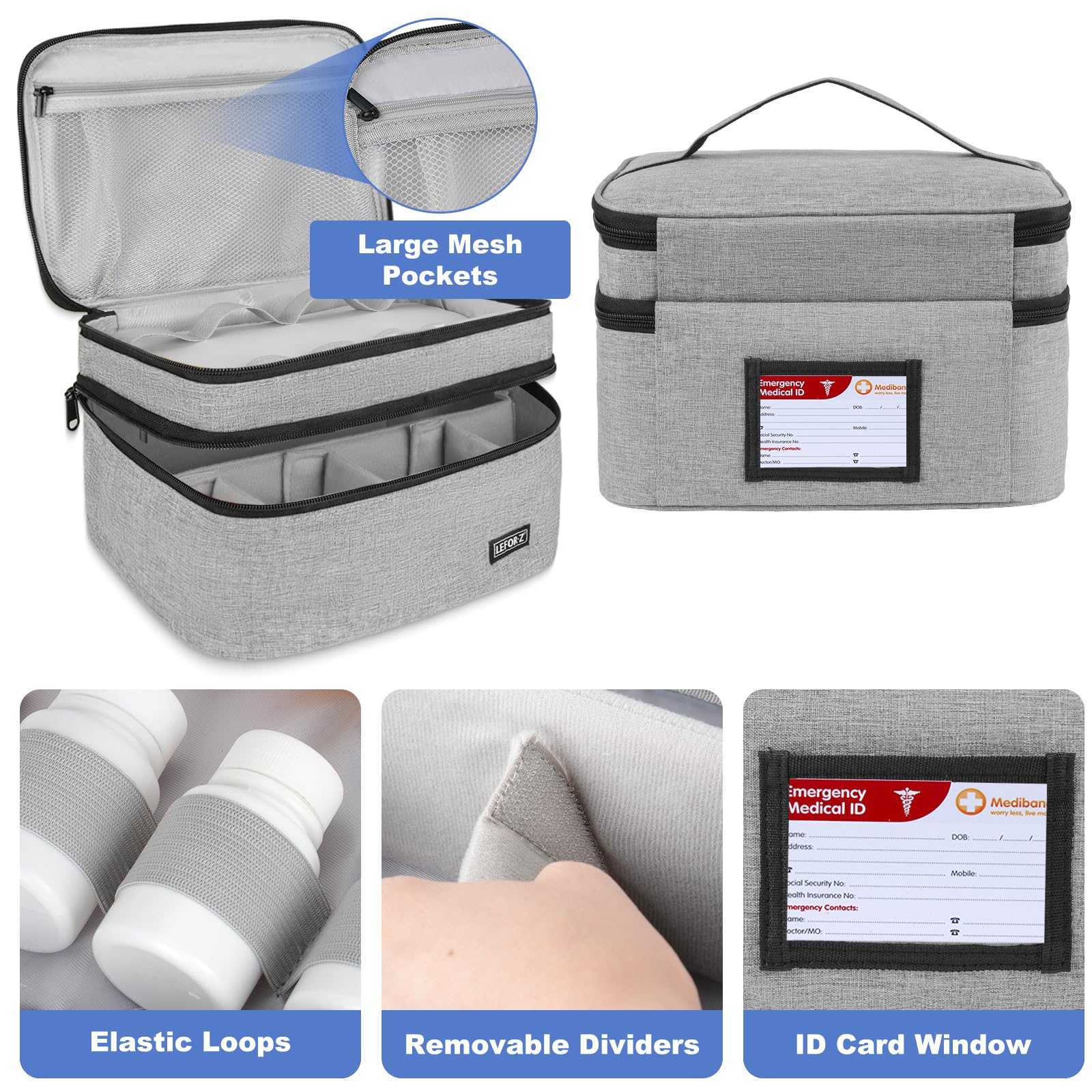 LEFOR·Z Sac de rangement pour médicaments, double couche, sac de rangement vide avec fermeture éclair verrouillable et séparateur réglable, sac de transport de médicaments pour pilules, vitamines,