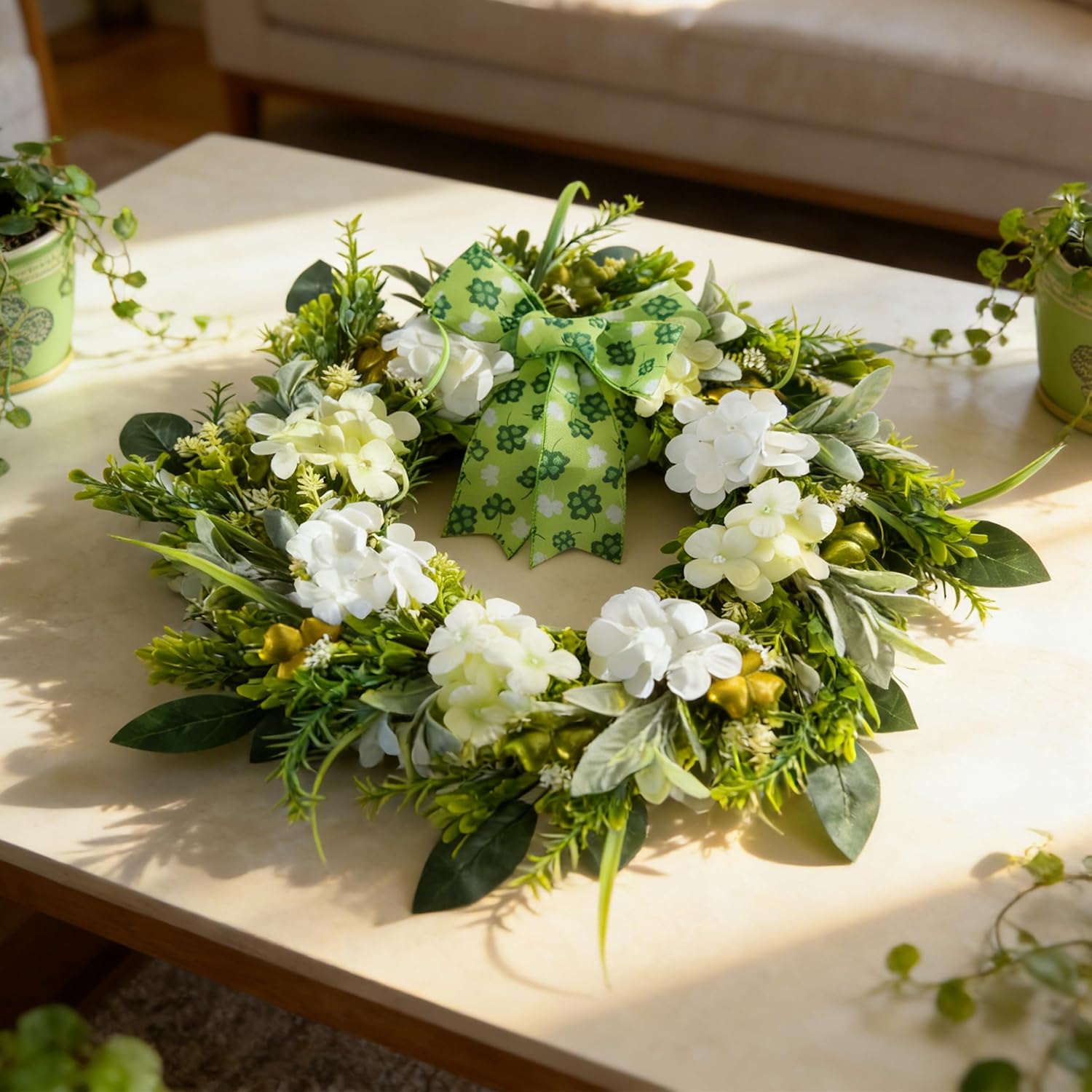 24'' St. Patrick's Day Wreath for Front Door, Irish Shamrocks Wreath with Bow, Spring Green Hydrangea Home Decor, Artificial Greenery Glittery Clover Decoration for Wall Indoor Outdoor Window Porch