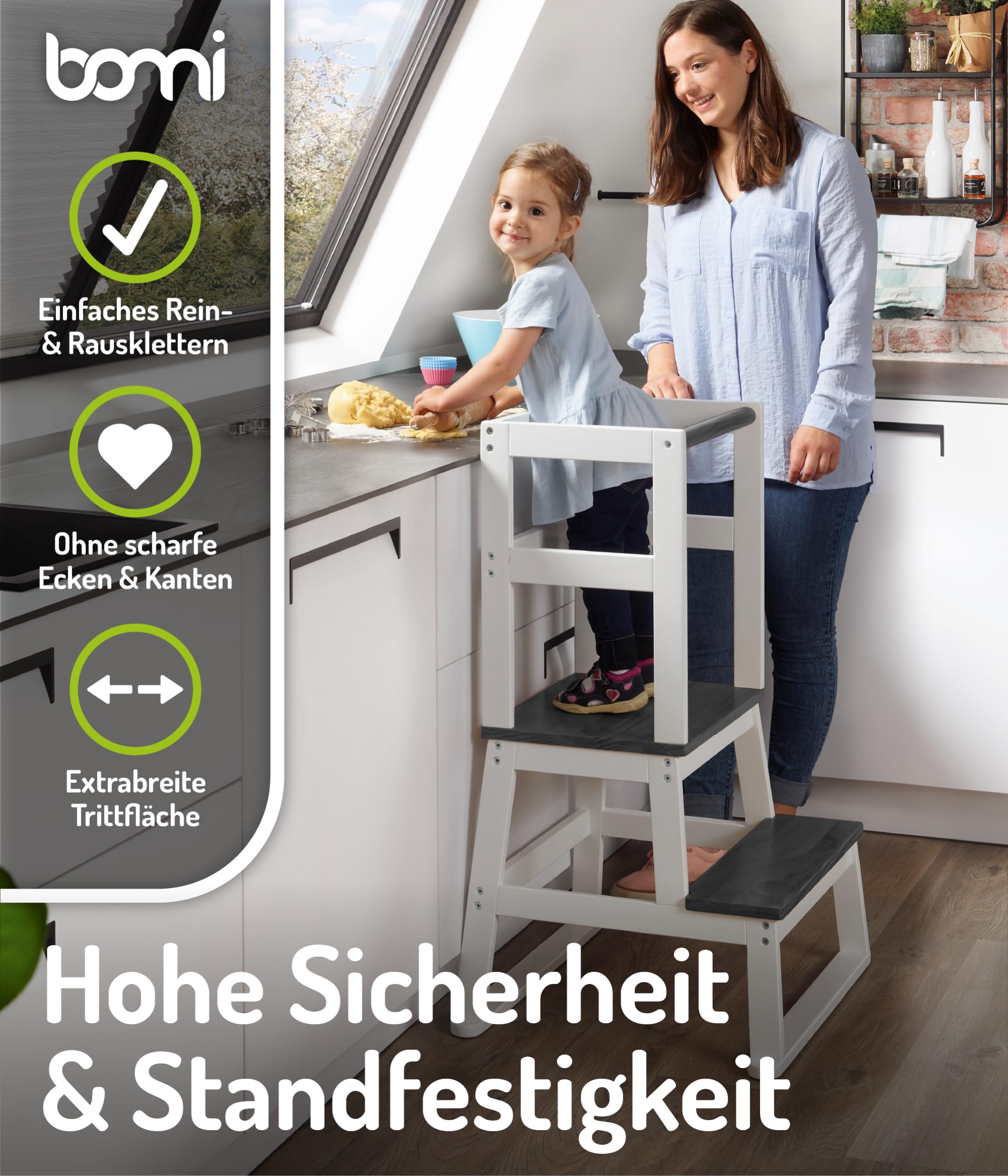 BOMI® Swubi Montessori Lernturm ab 1 Jahr | Sicherer Tritthocker Kinder 2 Stufen | Learning Tower für Kind & Baby aus Holz | Schemel, Lernstuhl als Stehhilfe, Tritthocker Holz, Kinderhocker Weiß Grau