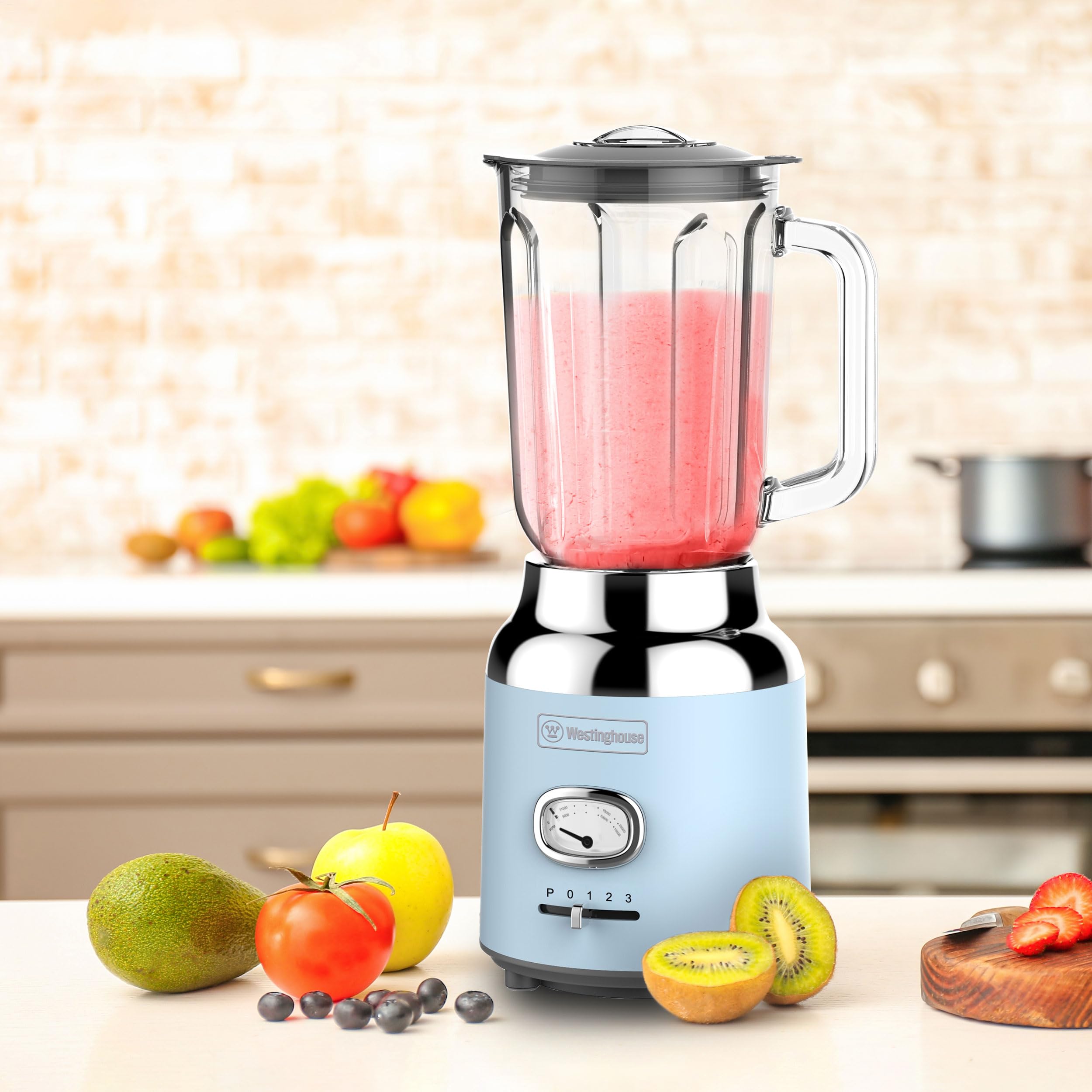 Westinghouse Retro Blender - 1,5 L - Frullatore per smoothie e tritaghiaccio - 4 velocità - Caraffa in vetro - 600 W - Azzurro