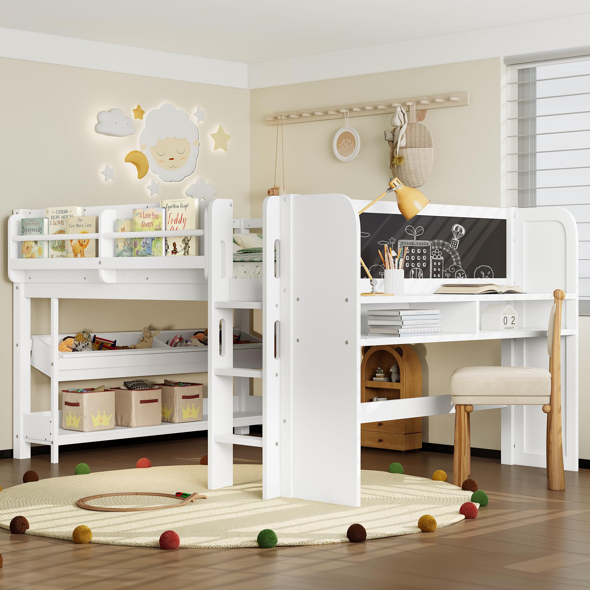 Full Loft Bed with Multi-Storage Bookcases, Boxes and Drawers, Solid Wood Low Loft Beds with Desk and Blackboard, No Box Spring Needed (White-02)