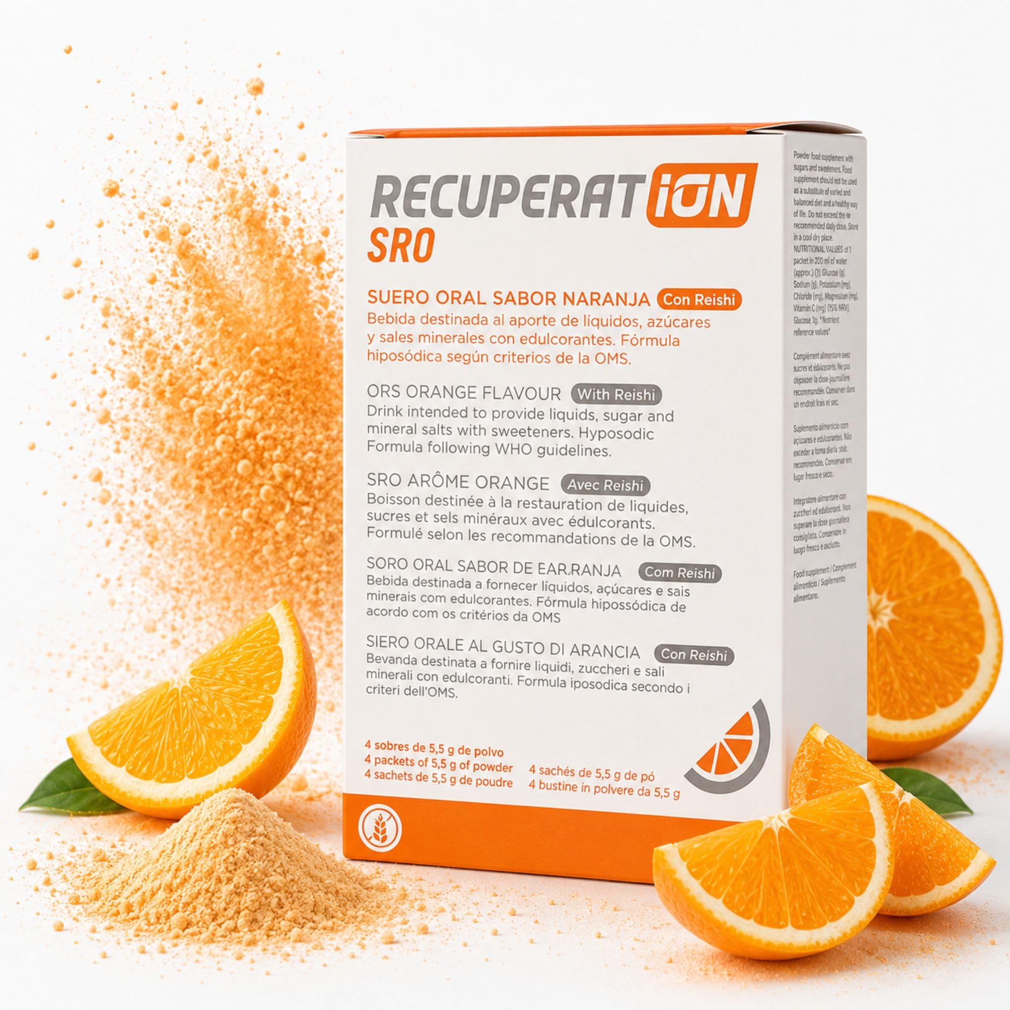 Suero Oral en Polvo con Reishi y Prebiótico para Gastroenteritis y Vómitos Rehidratación Oral Niños y Adultos Sabor Naranja Sin Gluten Ni Lactosa Pack 4 Sobres Apto Veganos | RECUPERATION