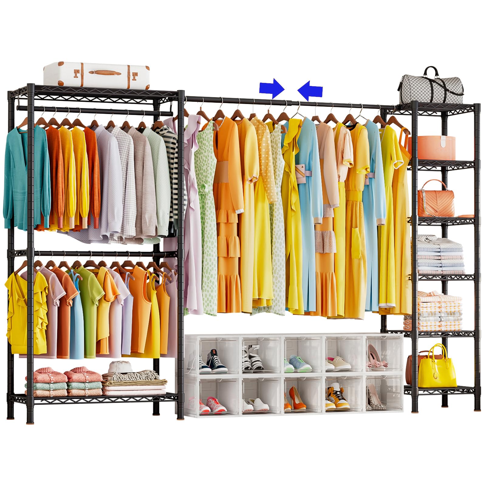 KZOBYD Extendable Clothes Rails, Heavy Duty Clothing Garment Rack, Metal Coat Rails Coat Racks for Hanging Clothes, Clothing Closet Wardrobe Racks with Adjustable Shelves and Hanging Rods (Black)