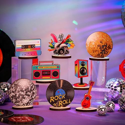 Miniatura 4 de Centros de mesa de madera de discoteca de los años 70, recuerdos de fiesta de discoteca, recortes de disco retro de rock, guitarra de bola de